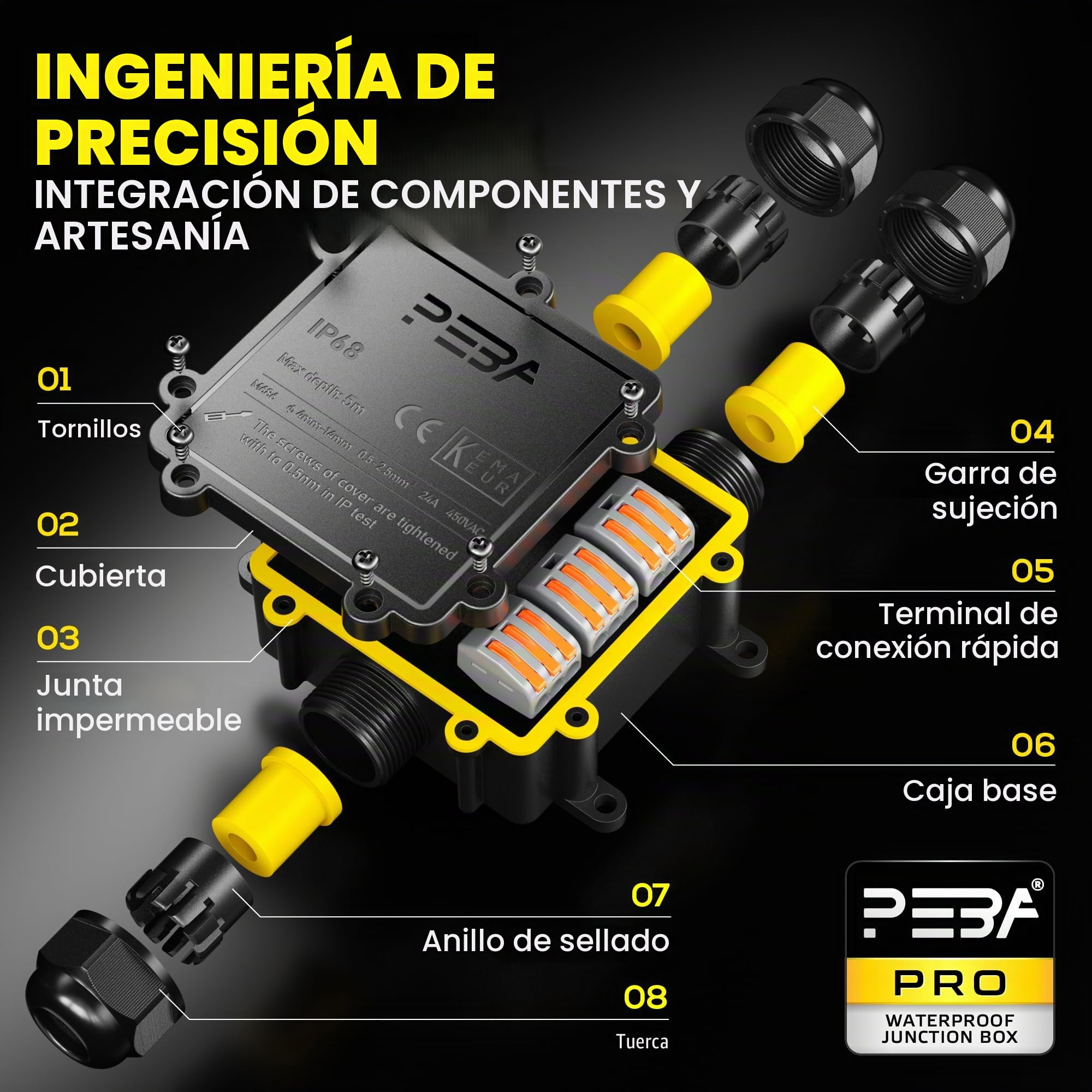 PEBA® Cajas de Conexiones Impermeables IP68, Conector de cable estanco,Caja de conexiones de conector de cable Exterior de 3 vías, Apto para cables Ø4-14 mm Caja Conexiones Negro,1 piezas