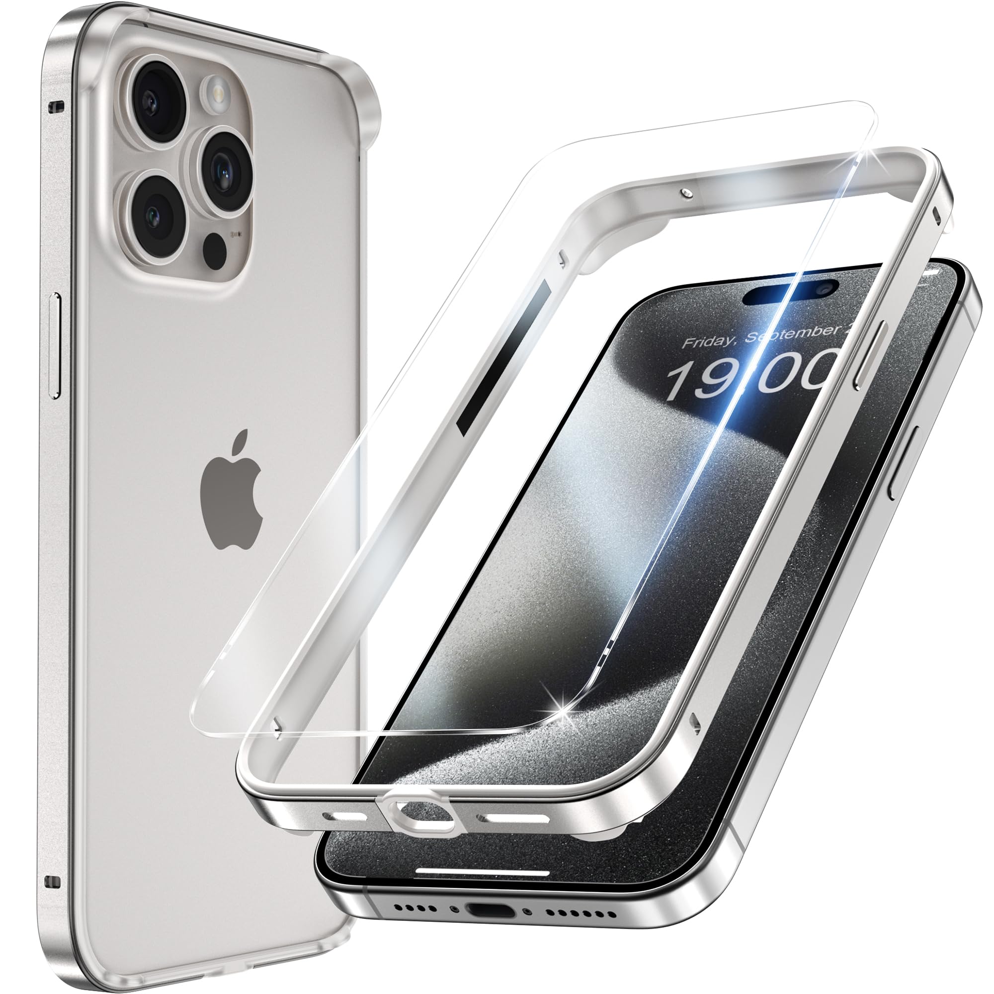 YMHML Bumper Case for iPhone 15 Pro Titanium, Aluminum Alloy + TPU Bumper Frame with Screen Protector Tempered Glass, Meta...