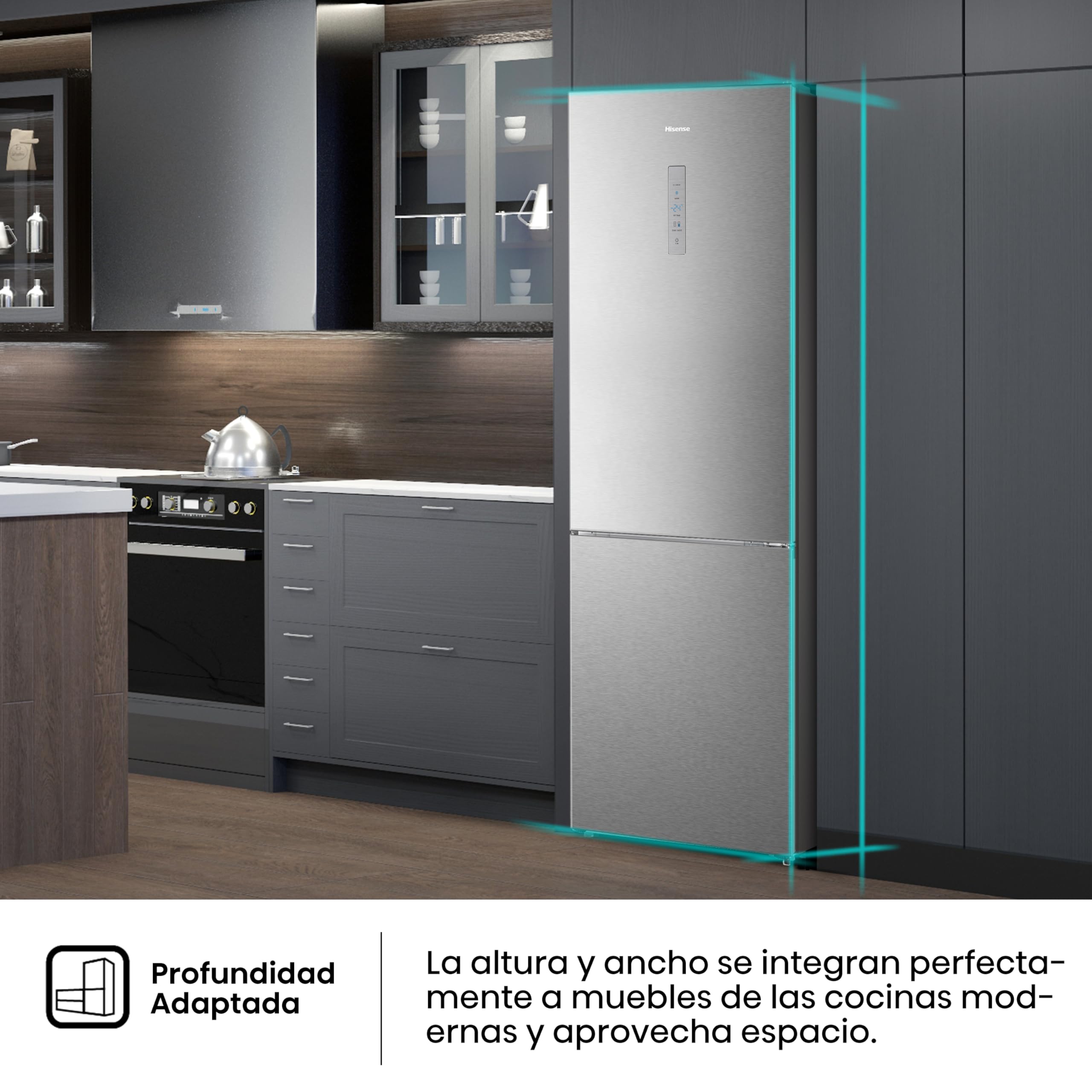 Hisense RB645N4BID Frigorífico Combi Inverter, Ancho especial 70Cm, Botellero, No Frost, 2 Metros,495Litros, Sistema de flujo de aire, Acabado Inox
