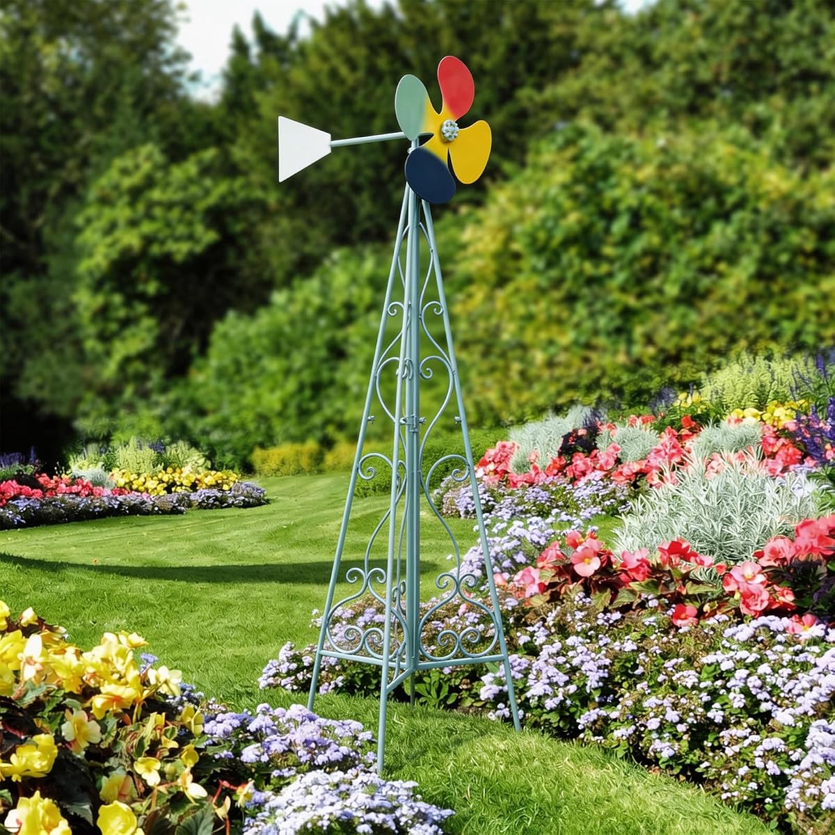 VINGLI Molino de viento ornamental de 6.2 pies para exteriores, molino de viento de metal con diseño multifunción, veleta resistente para jardín, césped, decoración de patio (azul claro, con enrejado decorativo)