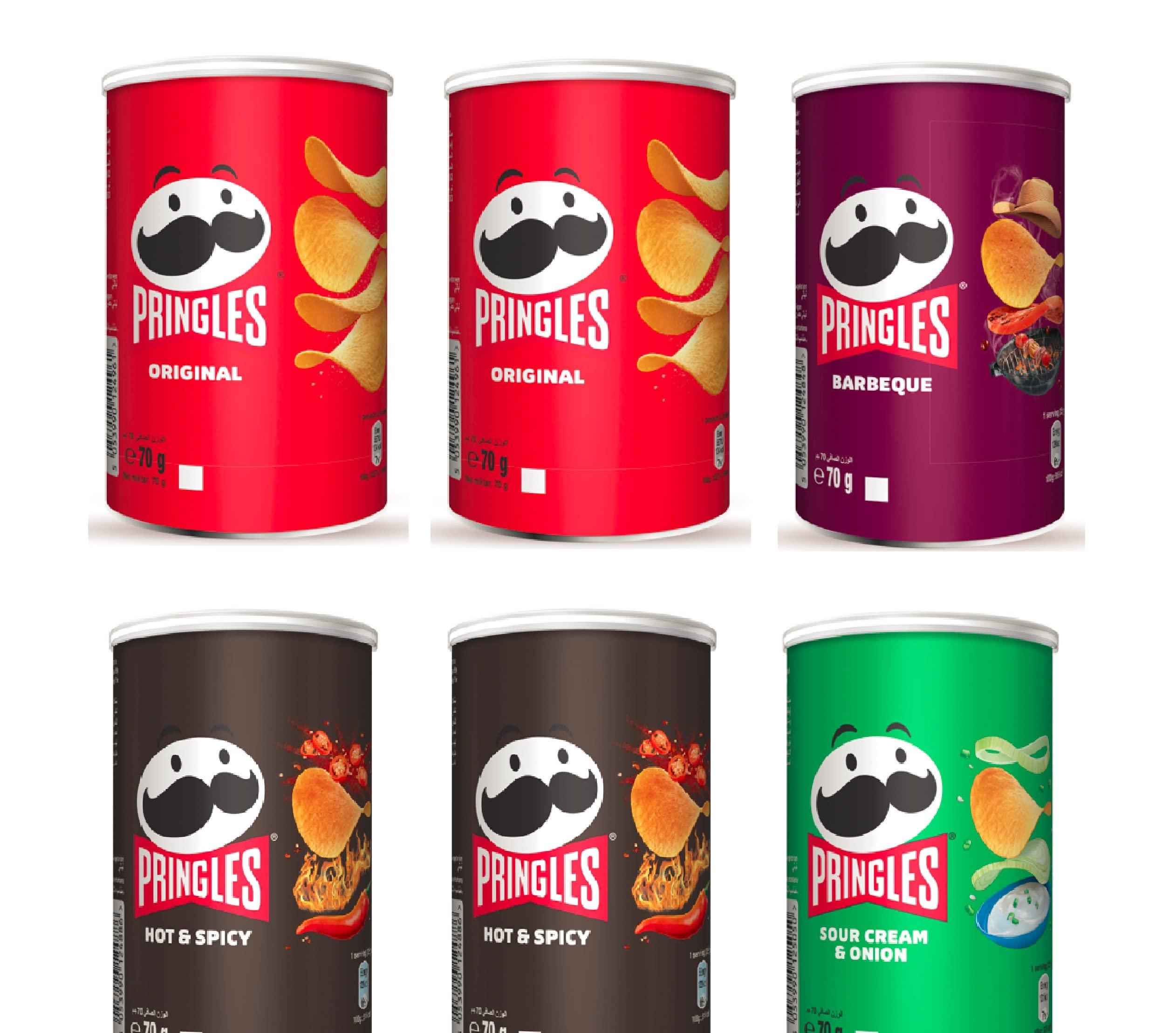 Pringles - Potato Crisps Assorted Pack - 2 Original, 2 Hot & Spicy, 1 Barbecue, 1 Sour Cream & Onion - 70G Each, Total Of 6 Cans