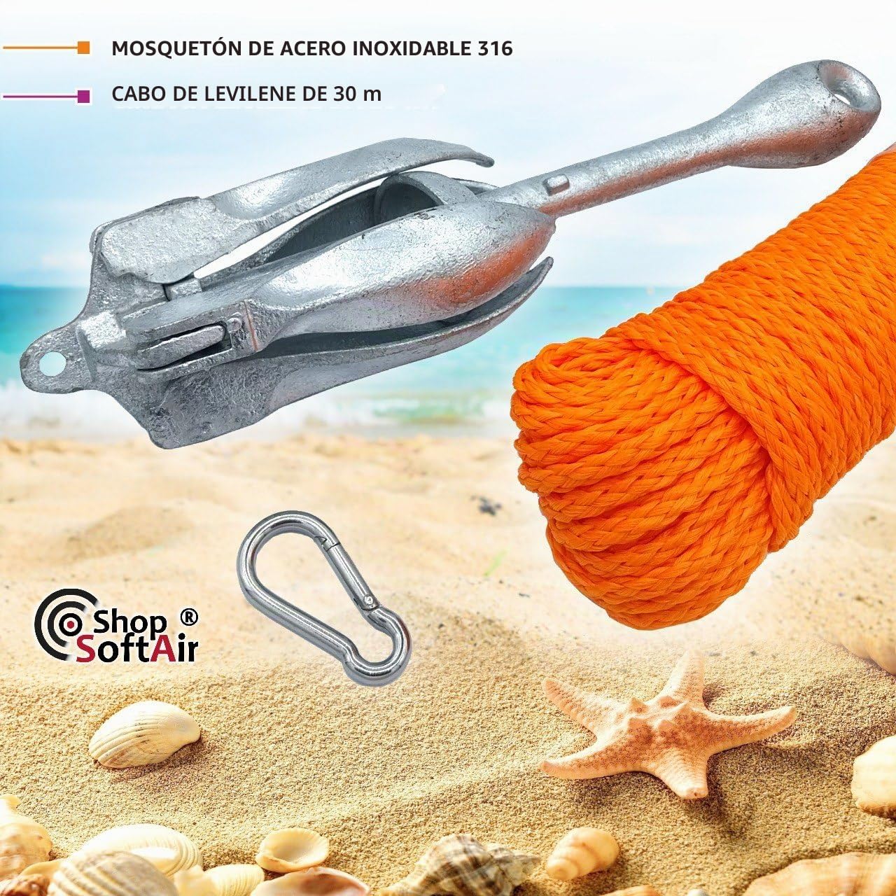 Shop SoftAir® Kit Ancla Paraguas Plegable de Acero Galvanizado Cabo Flotante 30 Metros Levilene Naranja Amarre y Mosquetón de Acero Inoxidable AISI 316 (Ancla 2,5 kg + Cabo 6 mm + Mosquetón)