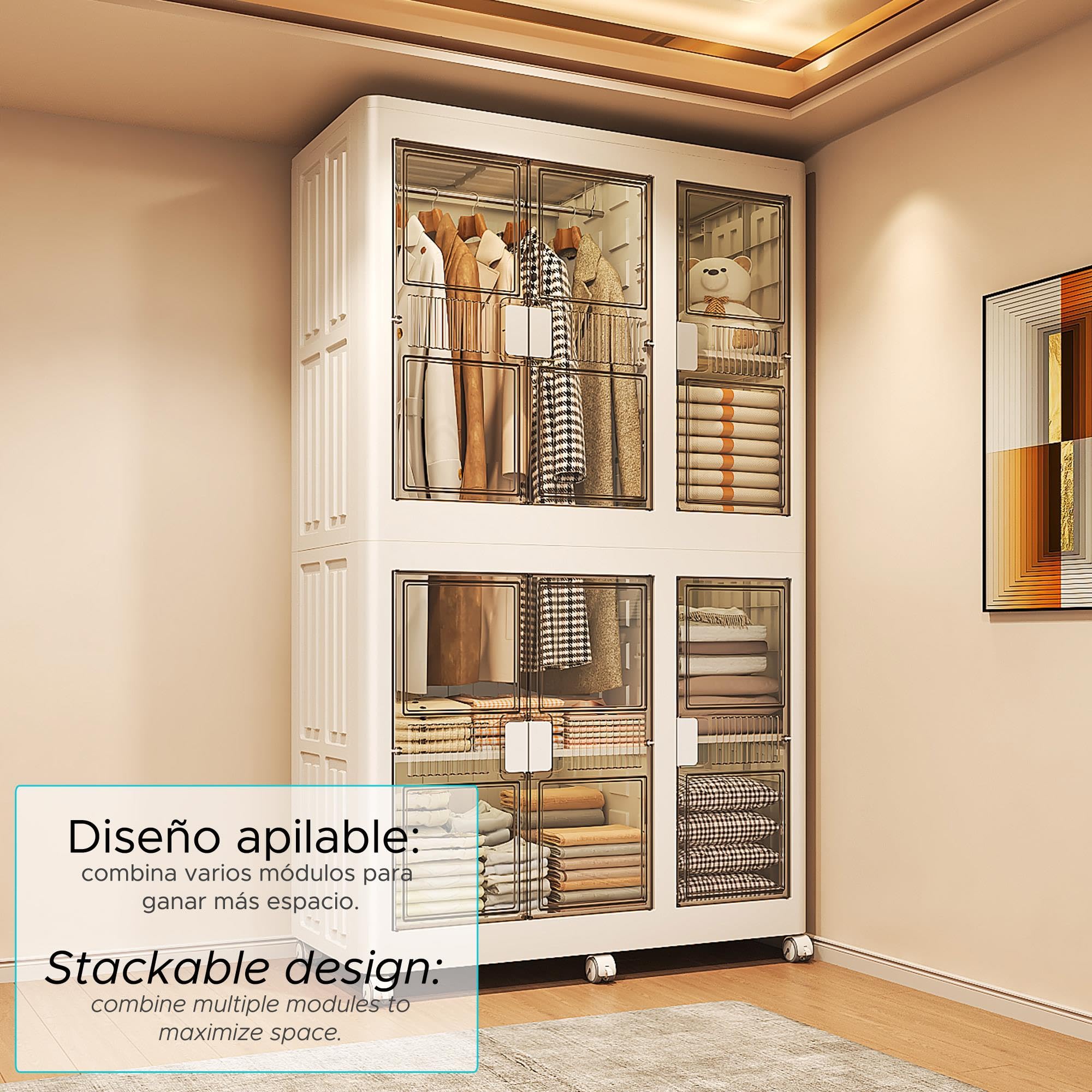 Well Home Cajas de almacenaje apilables con puerta frontal, Organizador modular plegable con ruedas, Modularidad, Multiespacios, Armario plegable con 2 Compartimentos, + 3 Baldas/estantes interiores