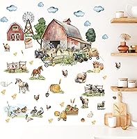 Vista 7 de Calcomanías de pared de animales de granja grandes, calcomanías divertidas de pared de animales, vintage, granja, oveja, pollo, gallo, pato, cerdo
