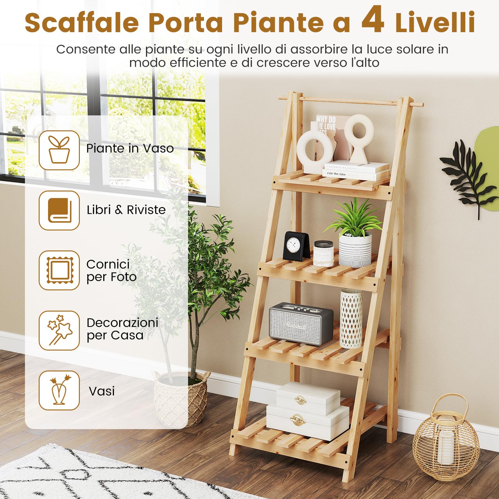 COSTWAY Scaffale Porta Piante a Scala Pieghevole, Scaffale per Vasi in Legno a 4 Livelli, Supporto Porta Fiori da Interno per Soggiorno Camera da Letto, Balcone