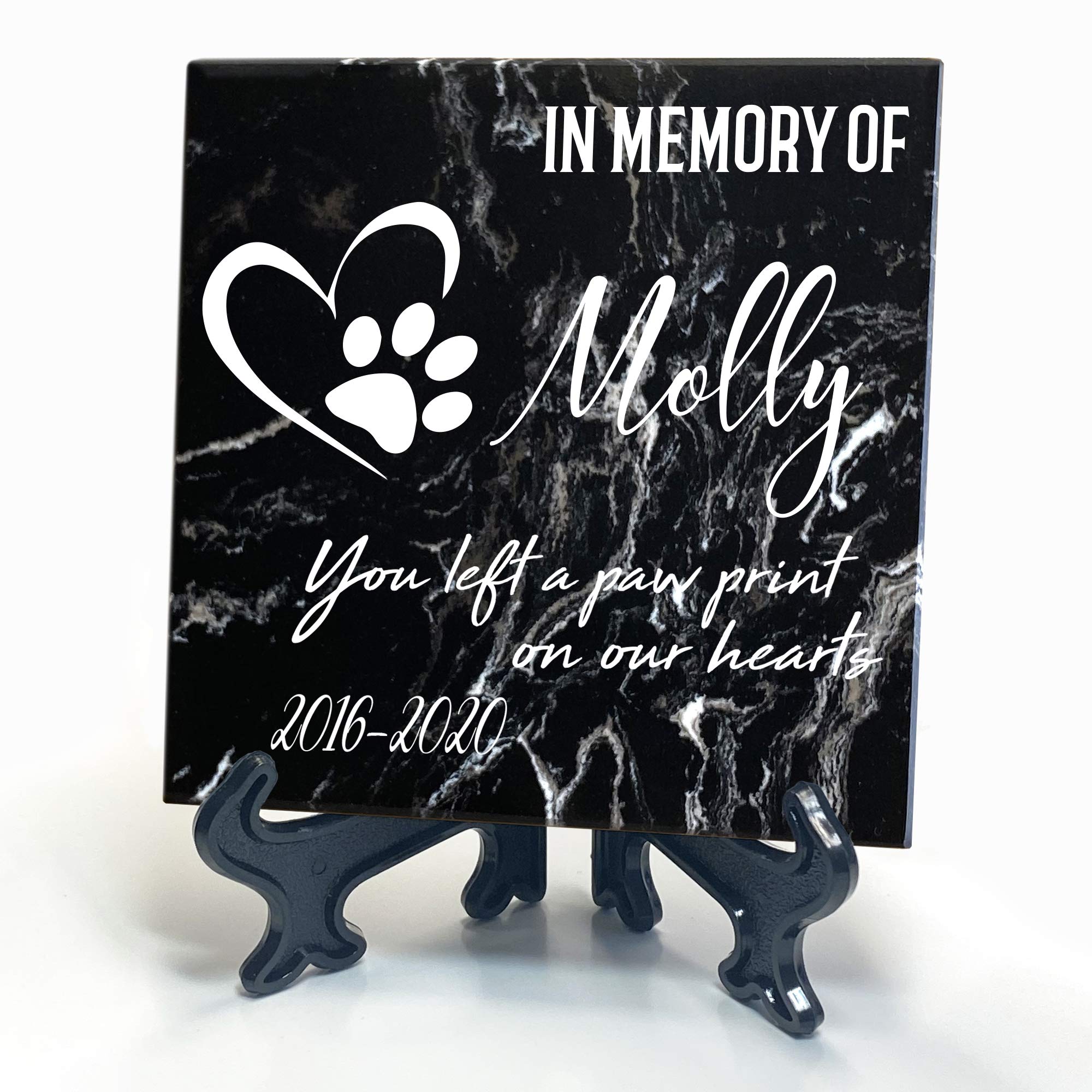TULLUN Personalised Memorial Black Marble Stone Plaque + Stand For Pet Cat Dog Frame Paw Grave Marker - Name and Date - Size | 4" x 4" or 10 x 10 cm|
