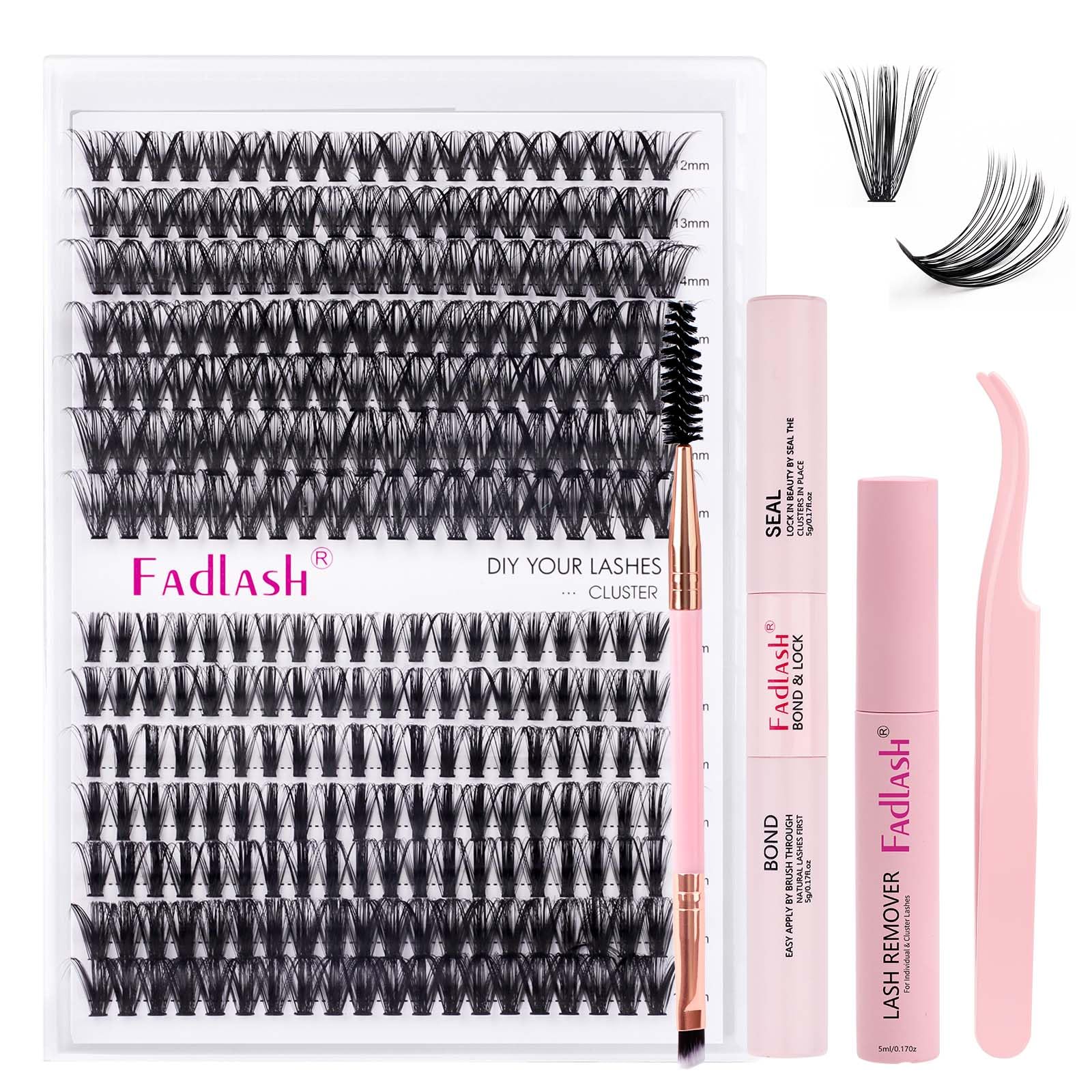 FADLASH DIY Lash Extension Kit Individual Lashes Cluster D Curl Eyelash Extension Kit D Curl Lash Clusters Lash Applicator Tool for Self Application