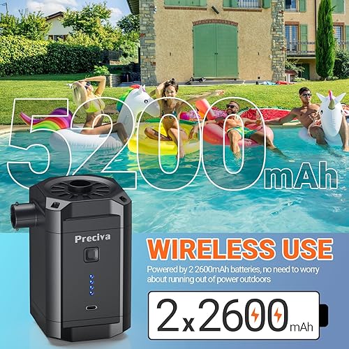 Miniatura 6 de Preciva Bomba de aire eléctrica para inflables, bomba de aire portátil de 4 kPa con 3 boquillas, batería recargable de 5200 mAh, carga rápida USB