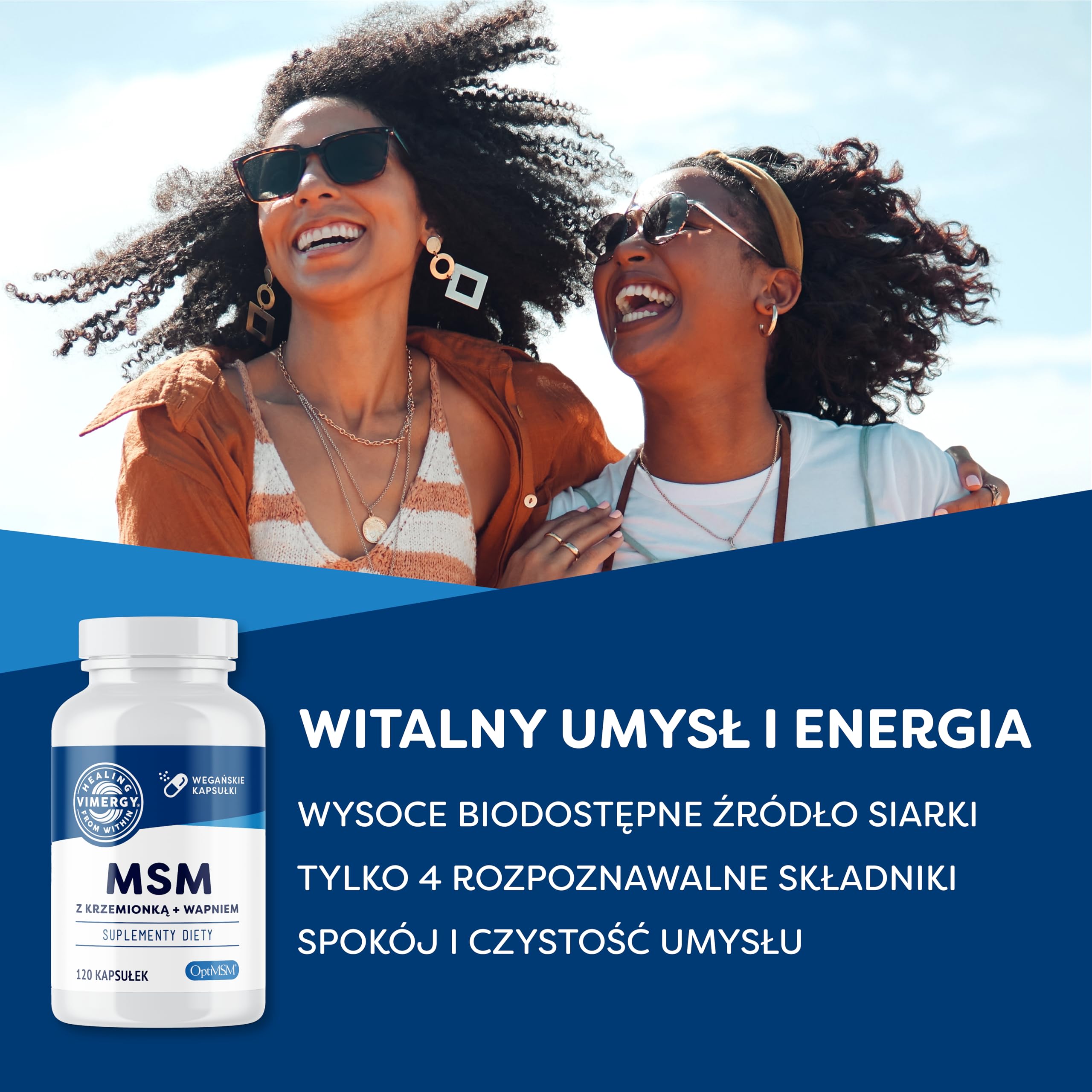 Vimergy MSM 780 mg w kapsułkach, 120 sztuk – Kapsułki MSM z wapniem i krzemem – Wegańskie kapsułki bez substancji żelujących – Bez GMO, koszerne, bez glutenu i żelatyny
