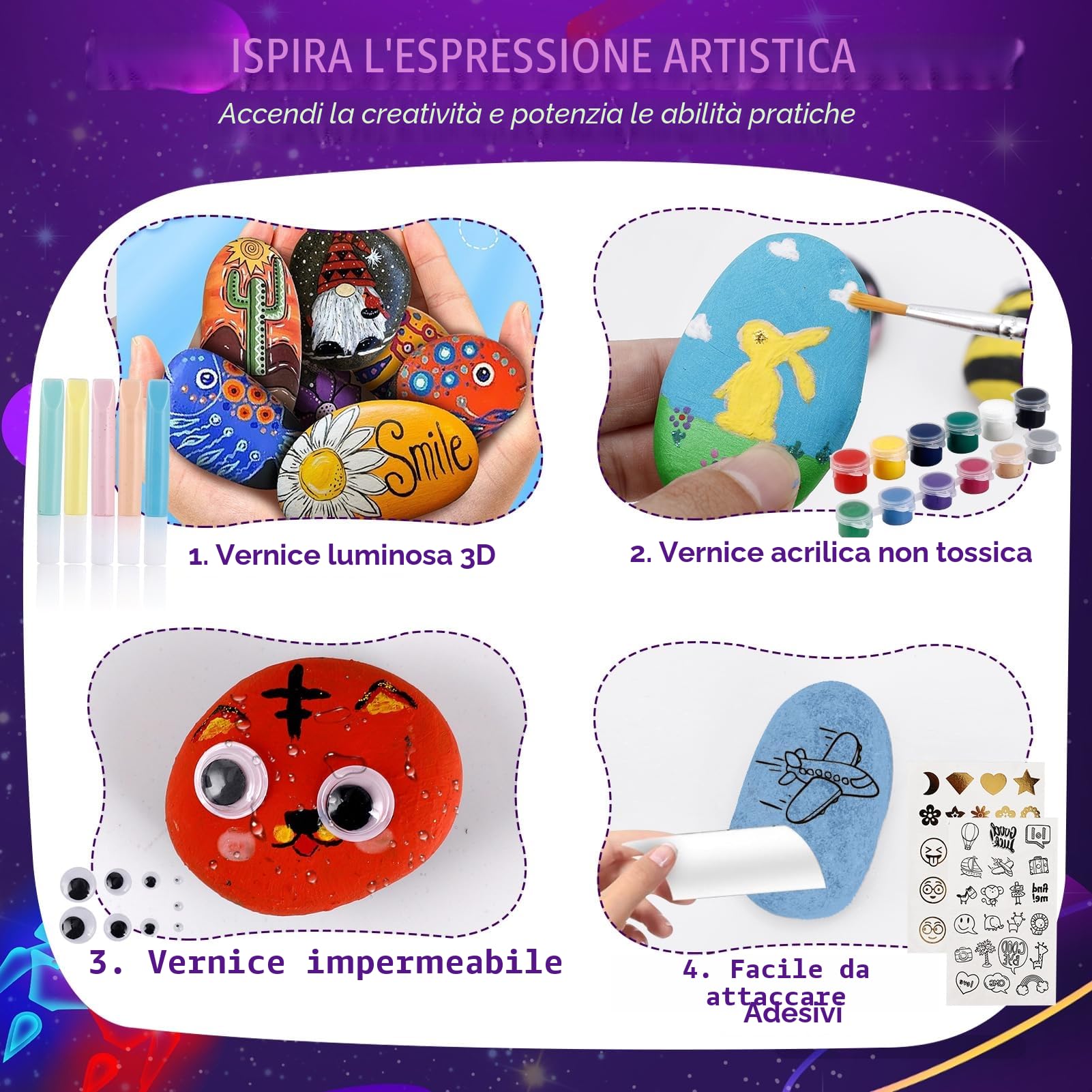 Sassi Da Dipingere, Kit Pittura per Bambina 4-9 Anni, Regalo Creativo, Lavoretti Bambini, Colori Acquerelli, Giochi Creativi 3-10 Anni, Natale