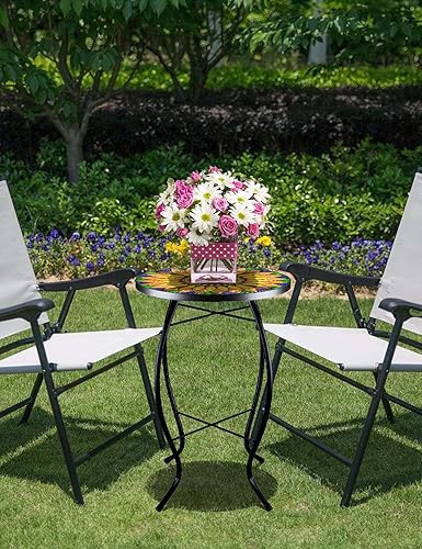 Miniatura 2 de VCUTEKA Mesa auxiliar de girasol para exteriores, diseño de mosaico, parte superior de cristal pequeña, redonda, mesa auxiliar de patio, mesa