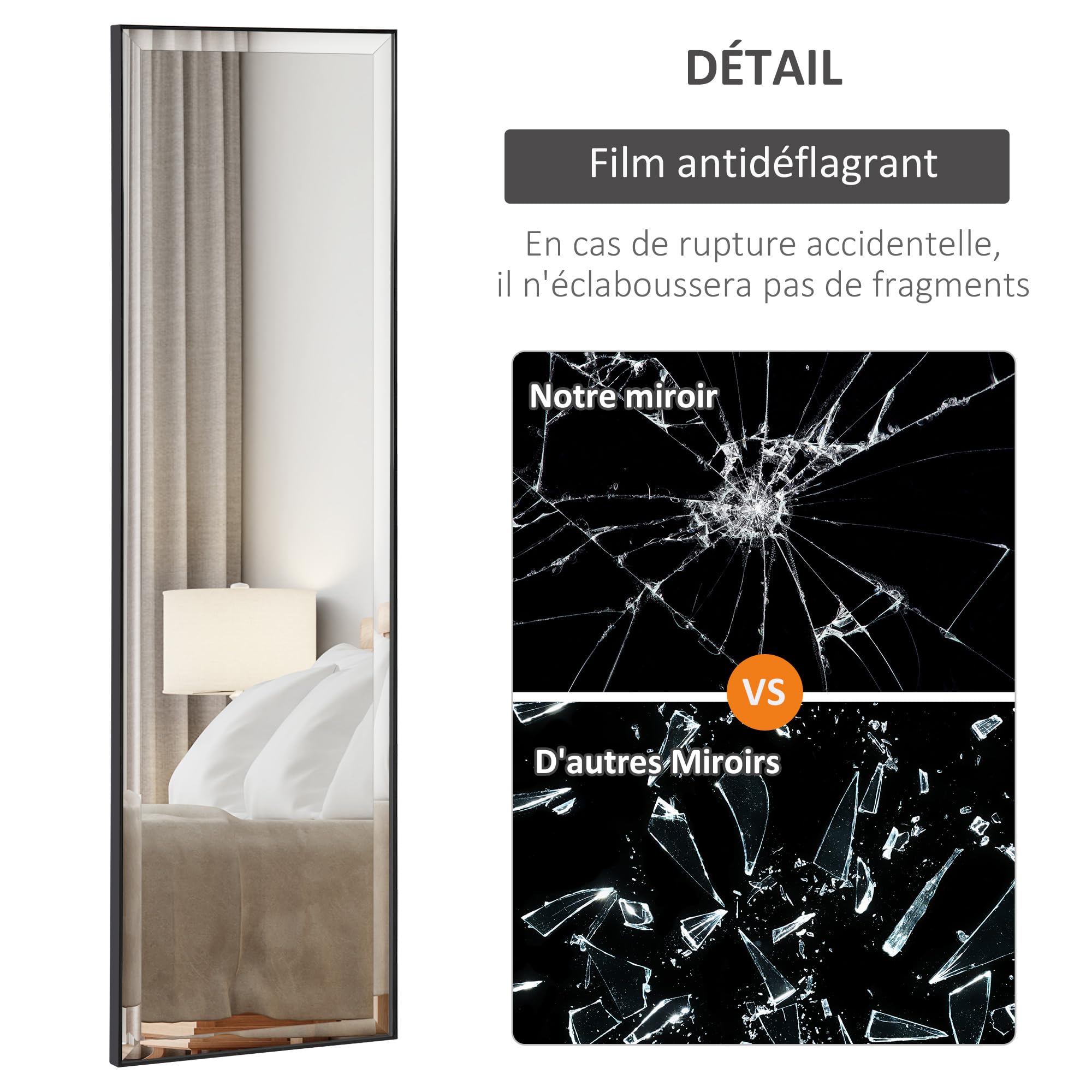 HOMCOM Miroir Mural Film Sécurité Anti Déflagrant 120L x 35l cm Noir | Système Attache Inclus, Cadre Alliage Alu.