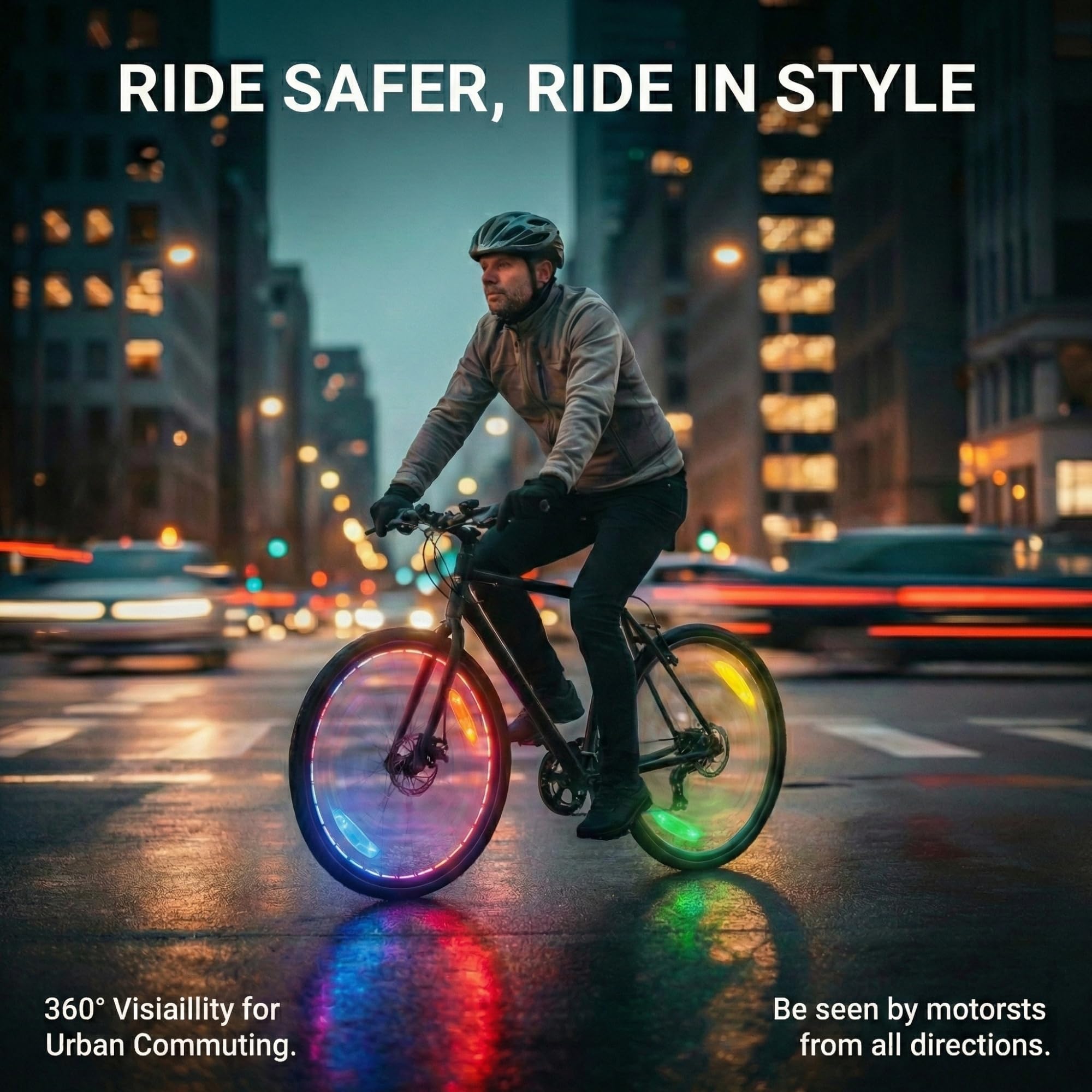 HANZE Lumières de roue de vélo rechargeables, 9 couleurs, lumières LED et réflecteurs, 21 modes d'éclairage, détecteur de mouvement, marche/arrêt automatique, accessoires étanches pour enfants et