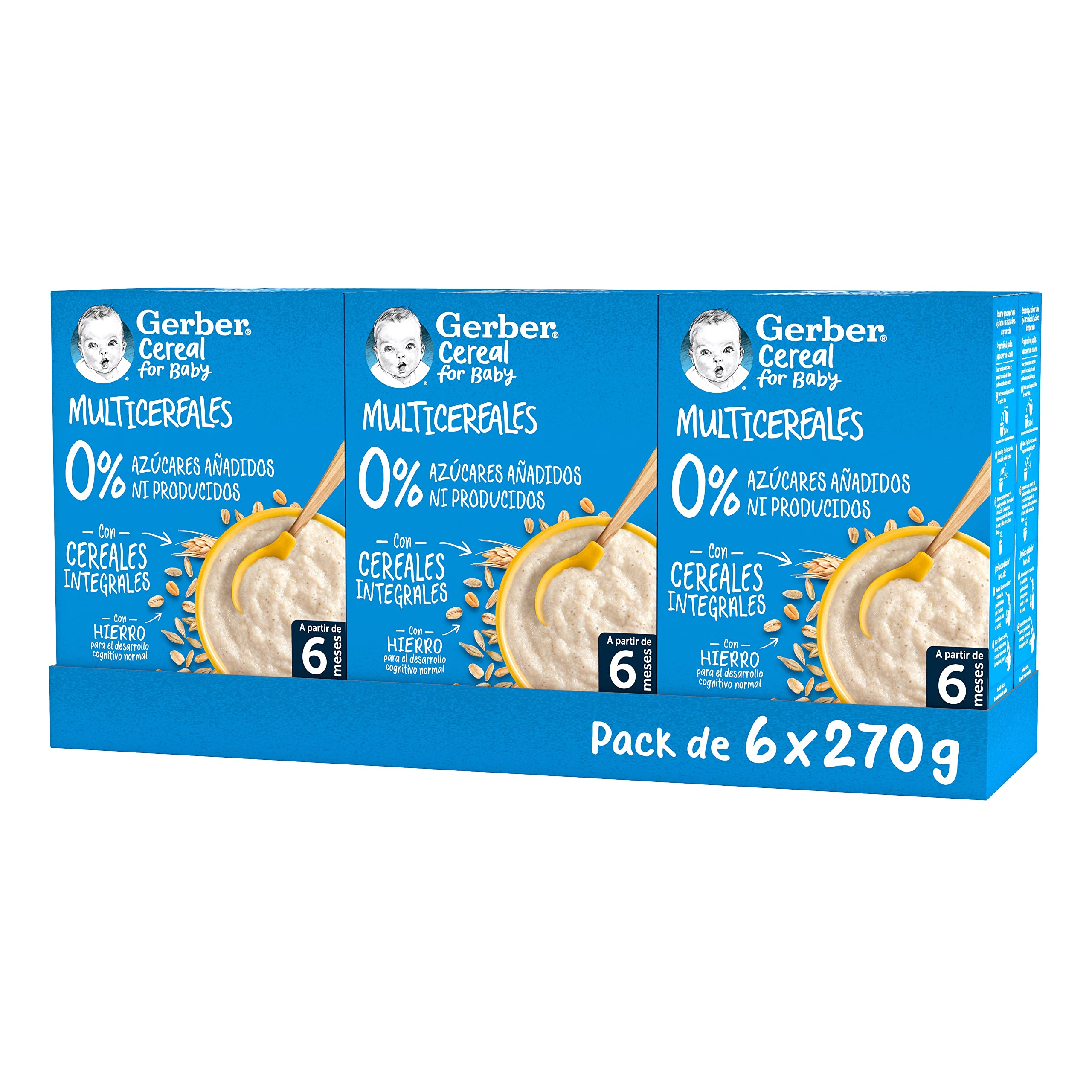 GERBER Multicereales 0% 0%, Papilla de Cereales para Bebés, Paquete 6x270g, a partir de 6 meses