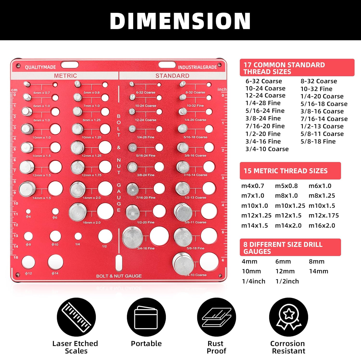 42 Nut and Bolt Thread Checker, Bolt Size and Thread Gauge, 19 Standard & 15 Metric Sizes & 8 Drill Bit Gauge Bolt and Nut Identifier Gauge with 6 Inch and 15 Centimeter Ruler Red