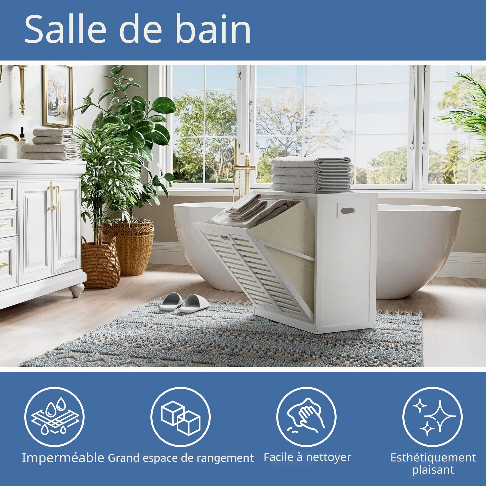 HITNET Meuble Salle de Bain avec Panier à Linge, Armoire bas Salle de Bain en Bambou avec Sac Intérieur Amovible pour Buanderie, Toilette et Chambre à coucher, Blanche