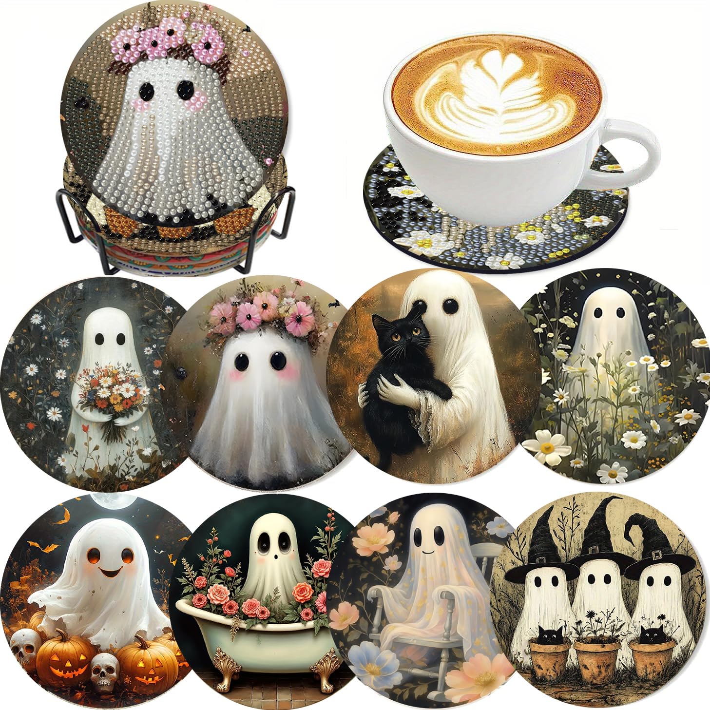 Mupmod 8 PCS Halloween Ghost Diamond Art Coaster Kits with Holder - Horror Diamond Painting for Adults Beginners - 5D Gem Art Dots Paintings with Cork Pads - Crafts Supplies