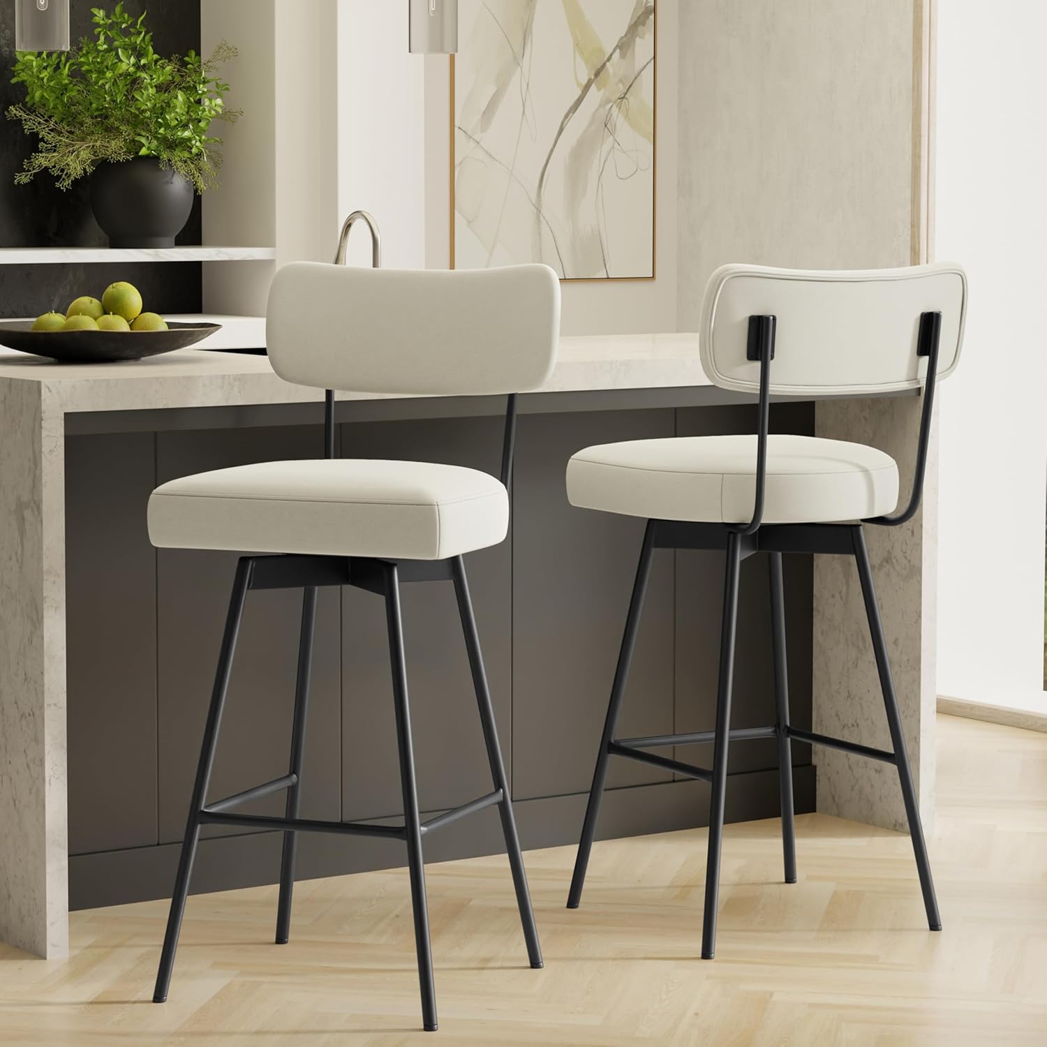 Natural Linen and Metal Swivel Bar Stool Set