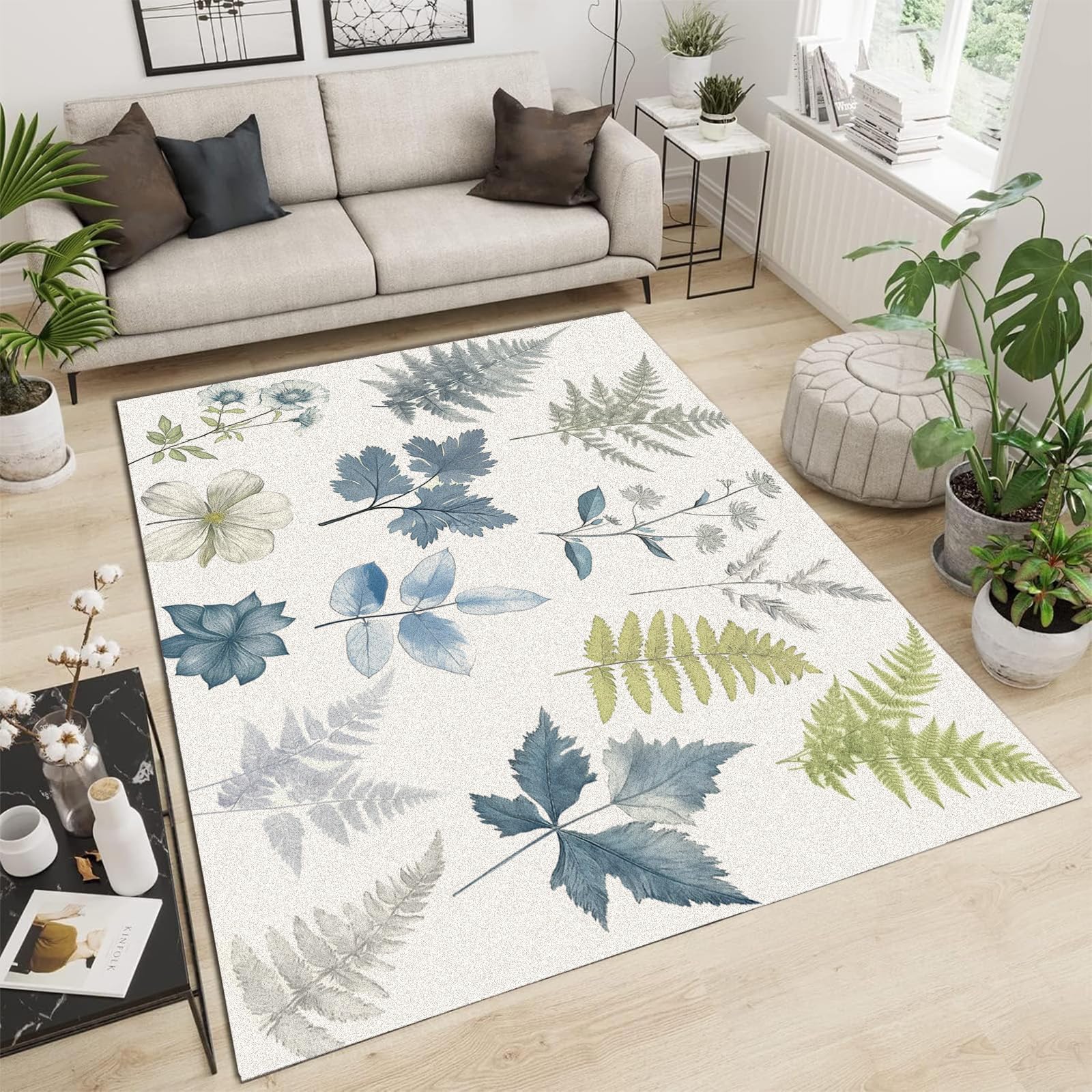 Tapis rétro antidérapant salon et chambre motif fleurs fougère 3D grand format 160x230