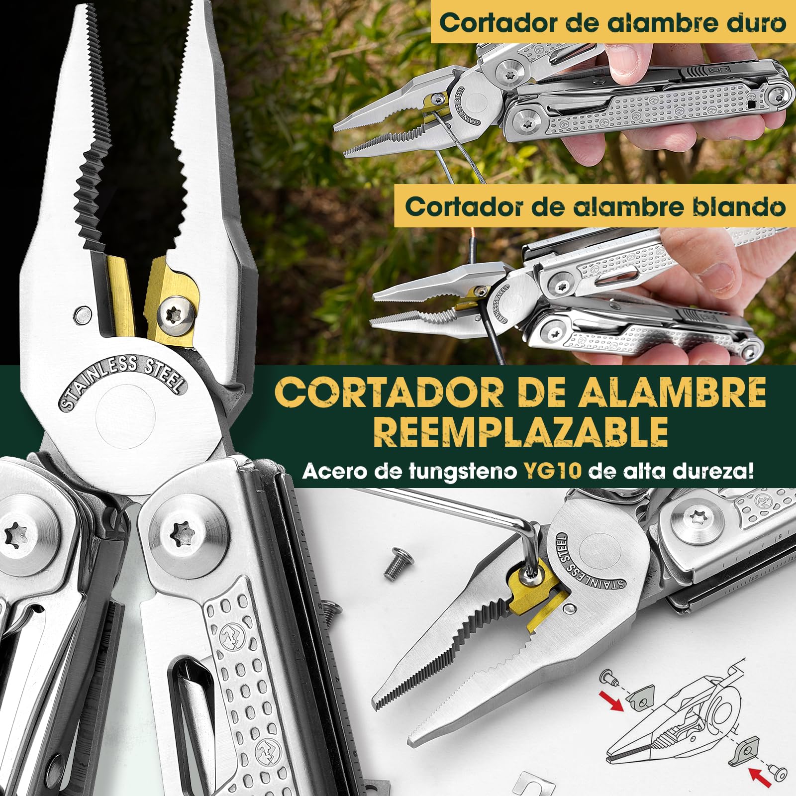 Multper Multiherramienta de Alicates, Navaja Multiusos de Acero Inoxidable con Cuchillo Damasco, Portátiles Alicates Plegables para la Trabajo Exterior, Camping, Reparación, Regalos para Hombres -PRO