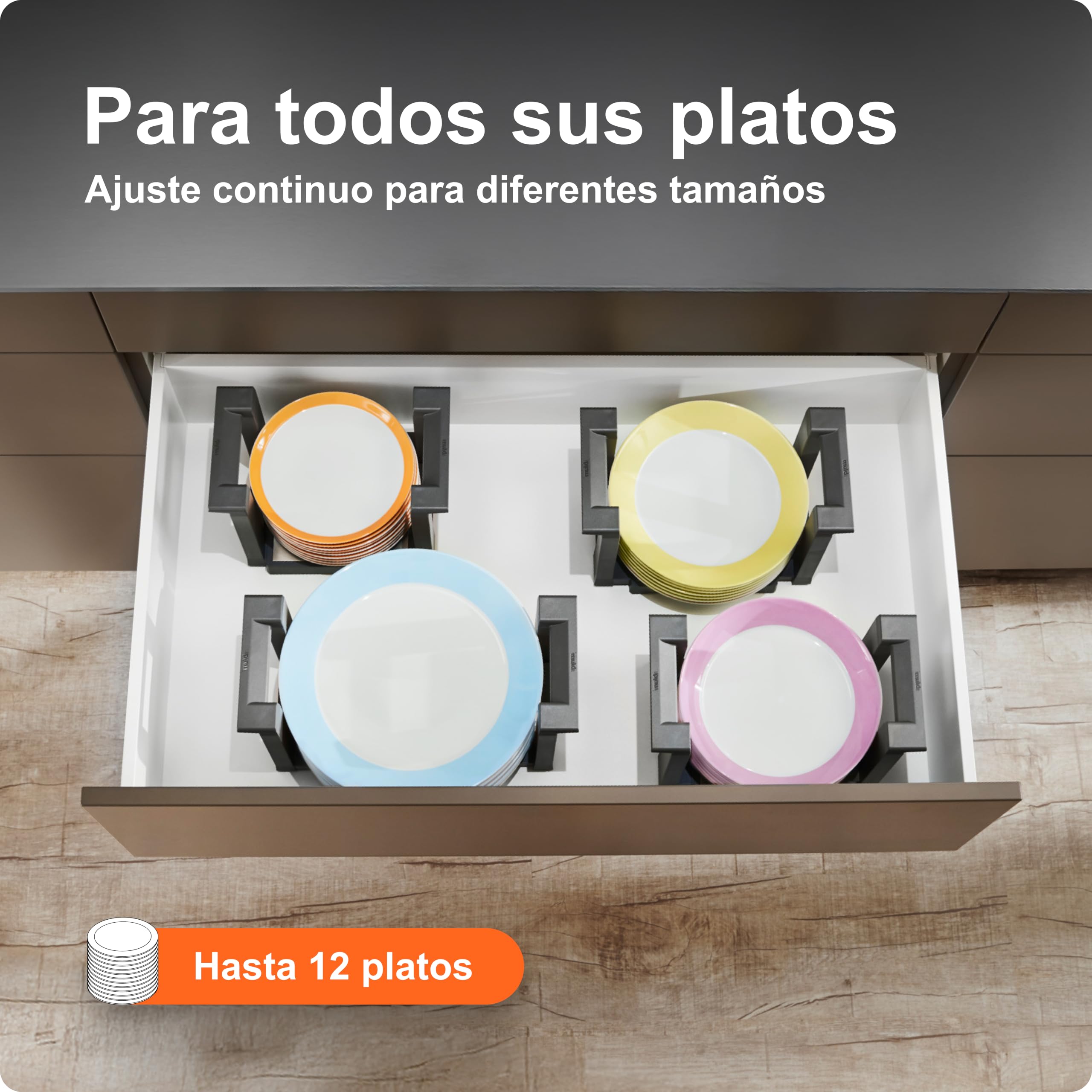 Soporte para platos para la cocina de BLUM I Cajón I para hasta 12 platos I Plástico/Acero inoxidable I Ajustable I Extraíble I Antideslizante | Platos seguros y sin deslizamientos, organizador para el cajón, ajustable y extraíble, fabricado en Austria