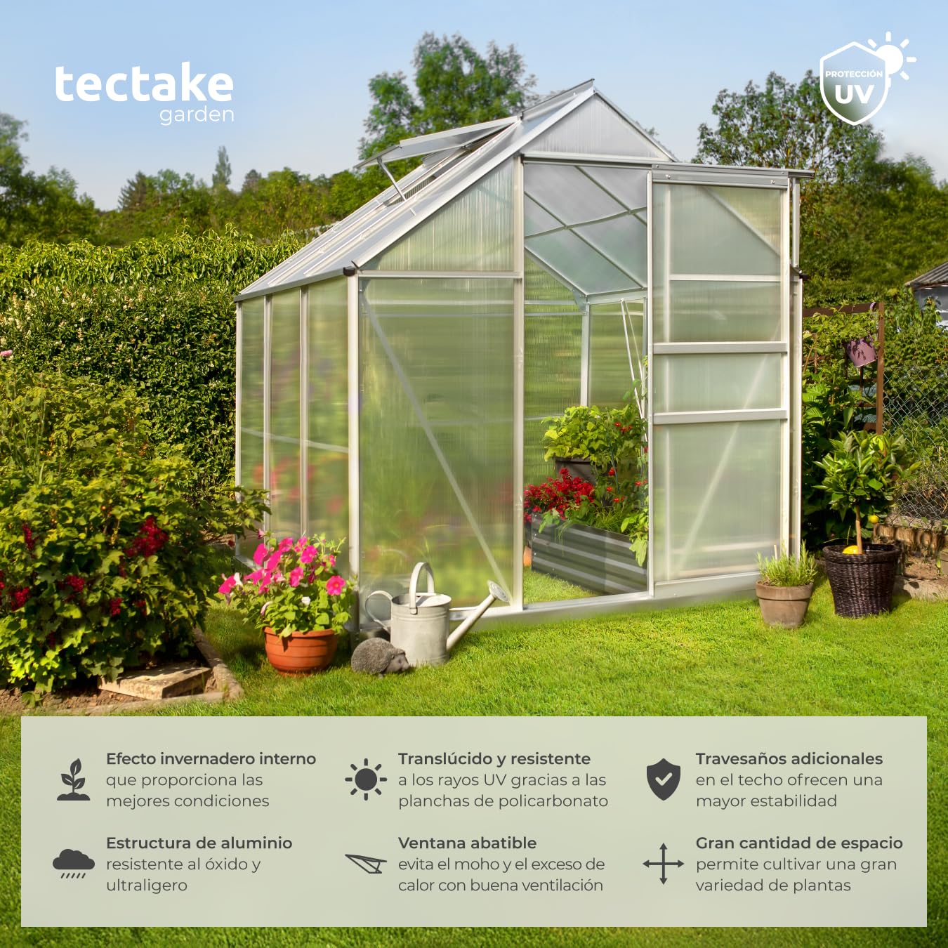 tectake Invernadero de Jardín de Aluminio y Policarbonato, Caseta Jardín Exterior 190x185x195, Vivero Huerto Casero 5,85m³, Invernadero Terraza para Cultivo de Plantas