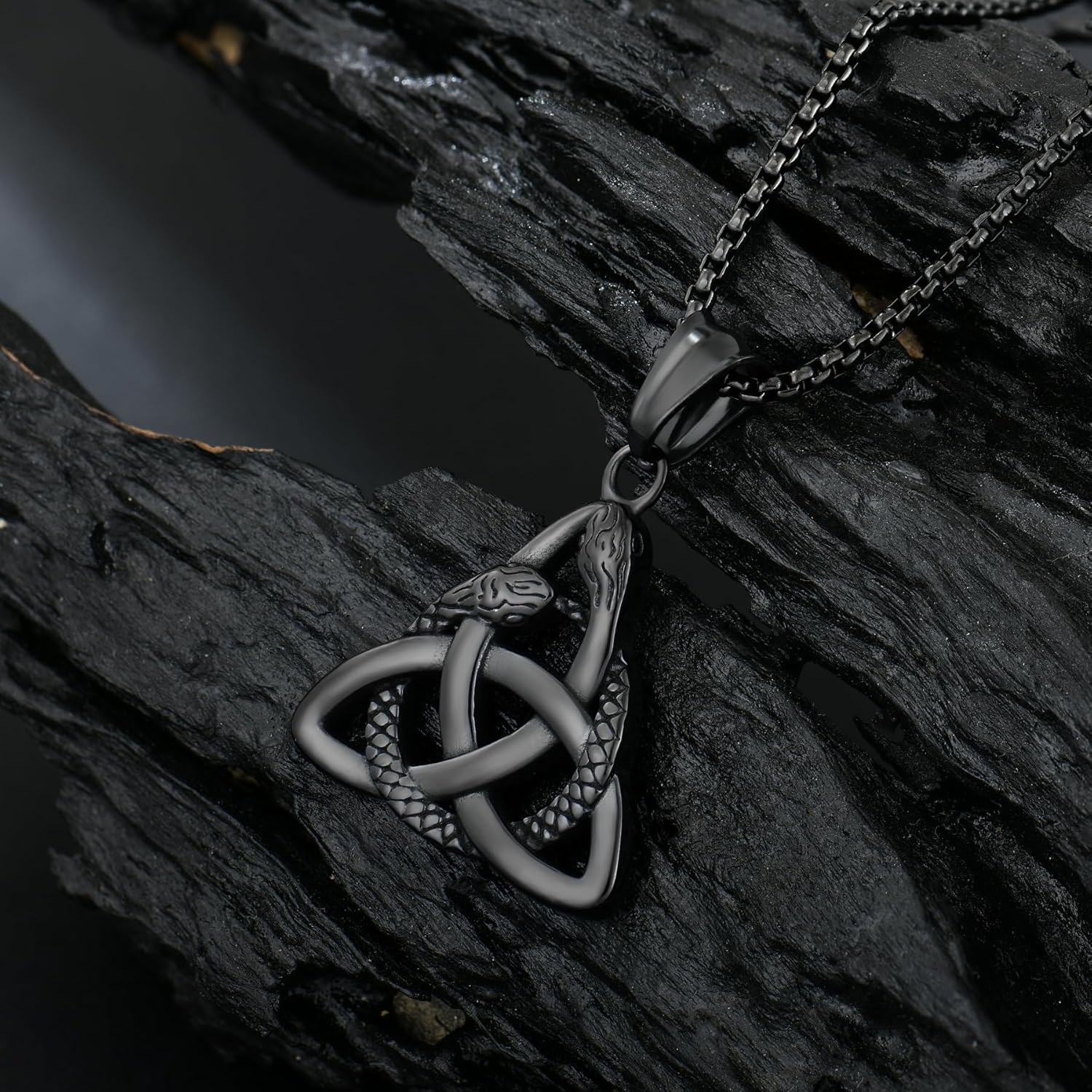Mens Celtic Knot Double Snake Head Necklace, Viking Trinity Knot Stainless Steel Pendant for Men Women, 24" Rolo Chain Irish Celtic Jewelry