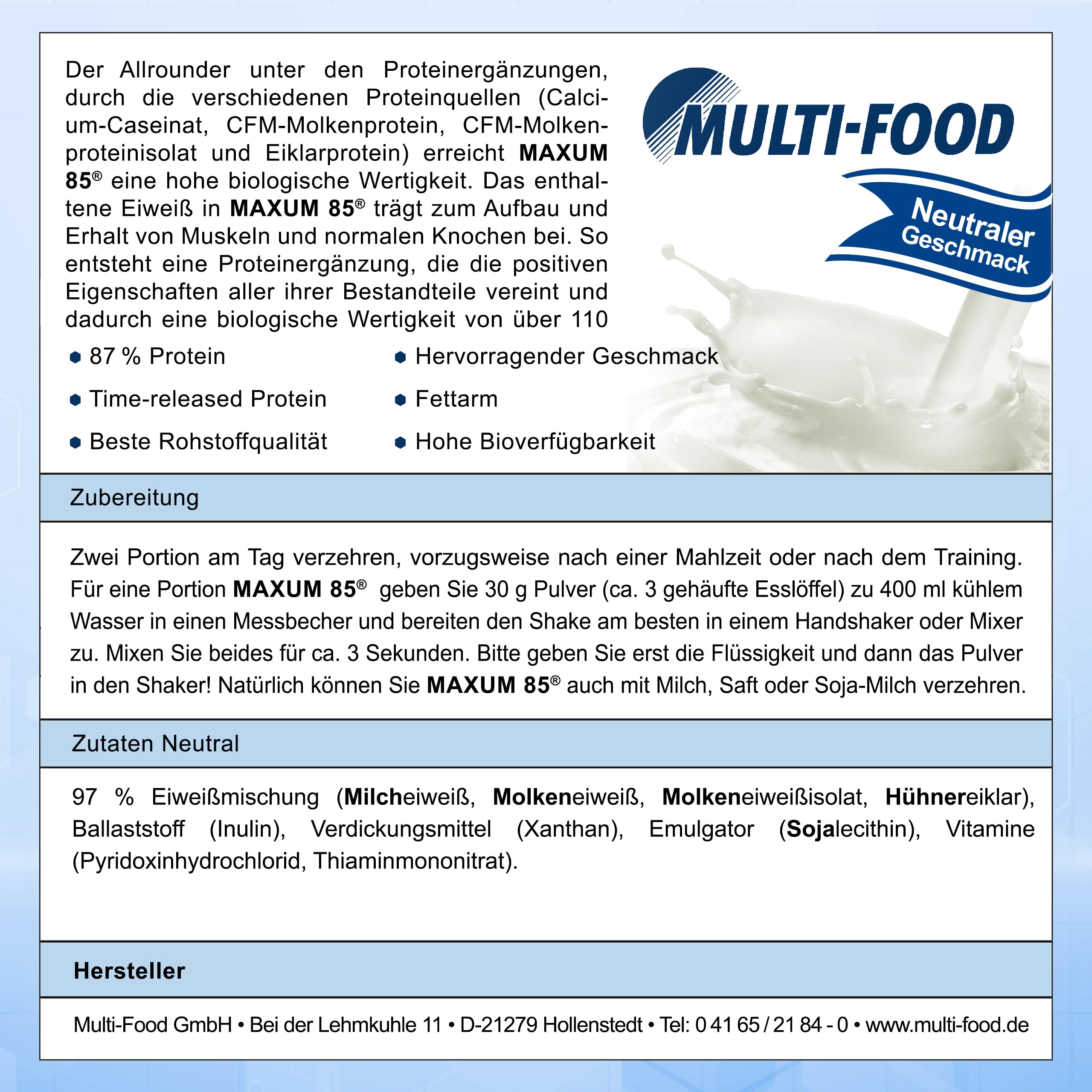 Hochwertiges Mehrkomponenten Protein Pulver - Maxum 85 - Eiweiss Protein Pulver für Muskelaufbau und Regeneration - Ideal für deinen Protein Shake - Perfektes Eiweißpulver (Neutral, 750 g Dose)