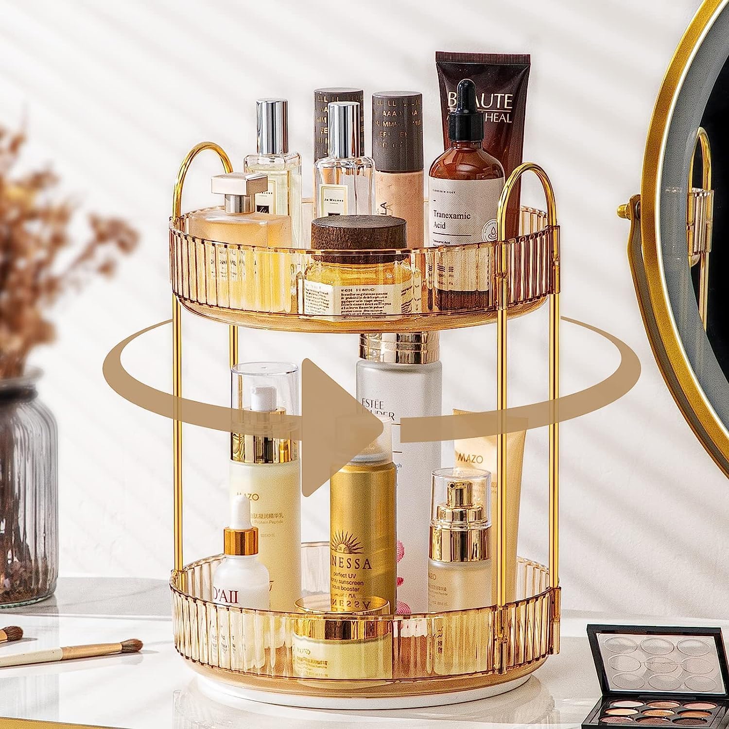 Paperbacks 360° Rotating Makeup Organizer and Storage for Vanity, Large Capacity Skincare Perfume Organizers, Sturdy Clear Cosmetic Dresser Organizer Countertop for Bathroom, Bedroom (2 Tier, Amber)