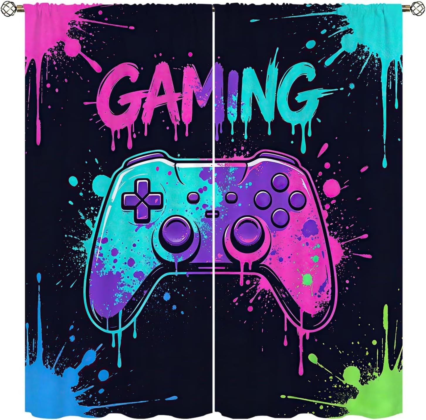 Neon Splash Gaming Blackout Curtains 2 Panels, Colorful Game Controller Gaming Print, Rod Pocket Thermal Privacy Curtains for Boys Teen Gaming Room Bedroom Live Stream Room, 42" W x 45" L