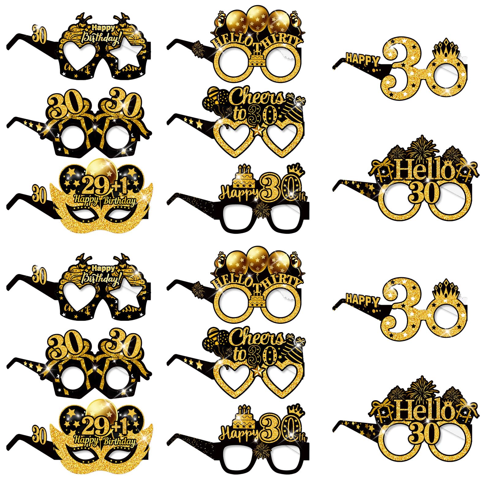 Vxcvzv 30th Birthday Glasses,16Pcs Paper Novelty 30th Party Glasses, Happy Birthday Photo Booth Props for Men Women Birth day Decoration Supplies for Men Women (Gold-30th)
