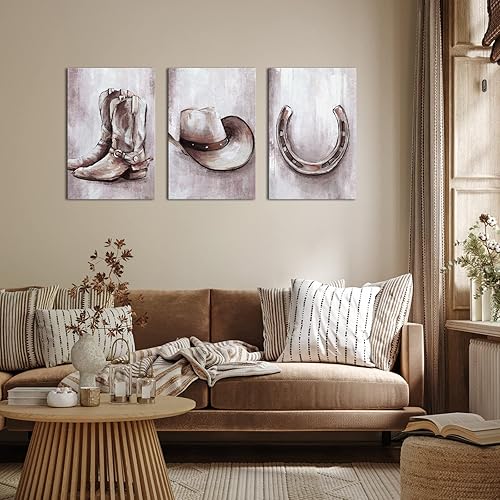 Miniatura 3 de HOMEOART Lienzo enmarcado para decoración de pared de vaquero, decoración rústica de habitación occidental para niños, 16 x 24 pulgadas x 3 piezas