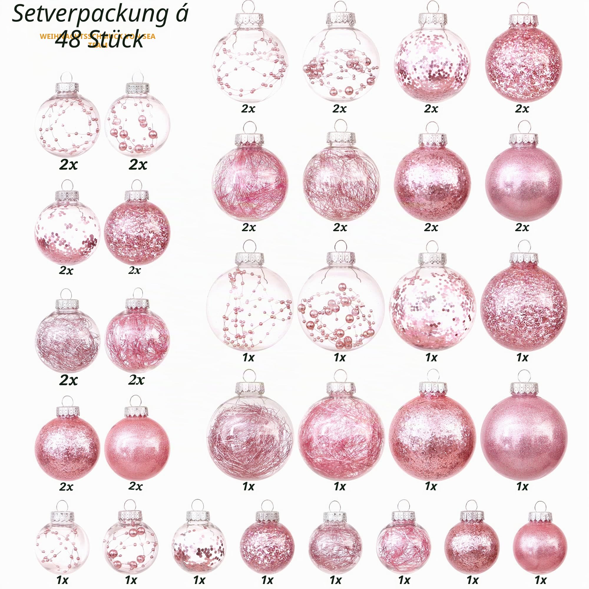 Sea Team Christbaumkugeln Set aus transparentem Kunststoff, bruchsicher, Verschiedene Größen, dekorative Weihnachtskugeln mit zierlichen gefüllten Dekorationen (48 Stück, Rosa) | Verschiedene Größen, befüllbar mit Dekorationen, ideal als hängender Schmuck