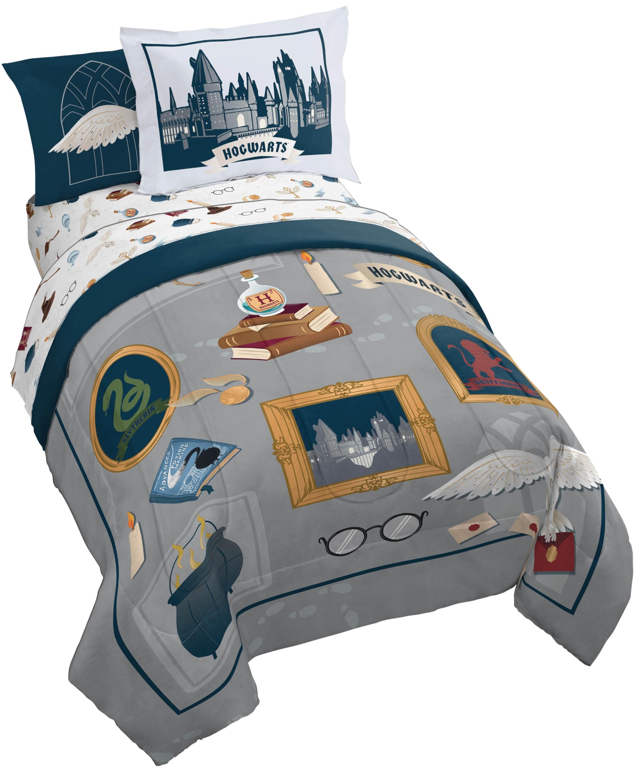 Jay Franco Kids Comforter Set Includes Sheets and Pillow Covers - Soft and Cozy Bed Set for Stylish Room Decor, Dark Grey - Harry Potter, 7 Piece Full Size Bedding