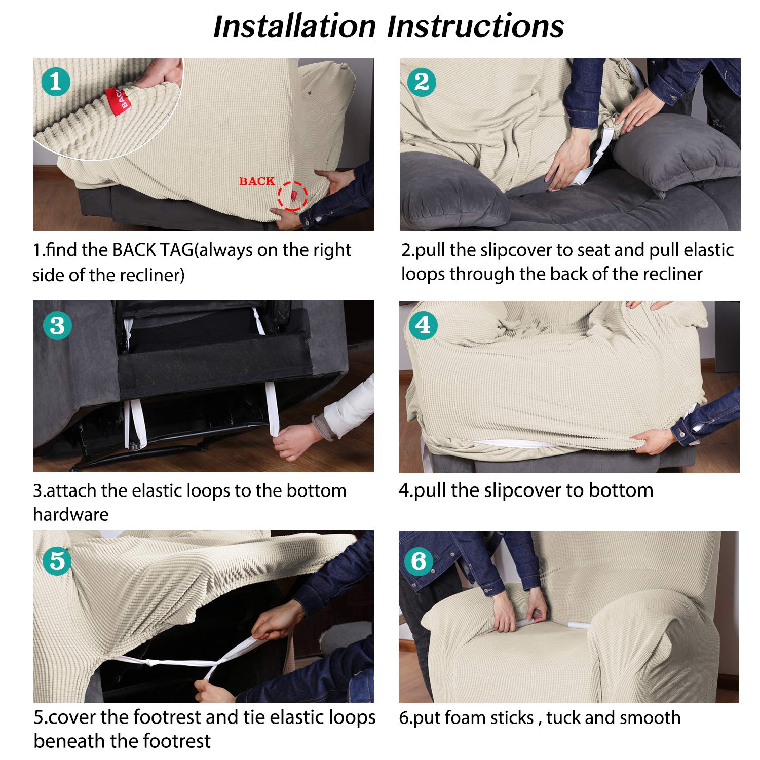 Turquoize Stretch Recliner Cover Recliner Chair Cover Recliner Slipcover 1-Piece Sofa Cover With Side Pocket Jacquard Sofa Furniture Cover/Protector With Elastic Bottom,Machine Washable,Biscotti Beige