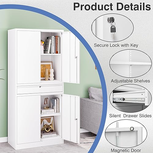 Miniatura 4 de LISSIMO Armario de almacenamiento de metal, archivador alto con 2 estantes ajustables y cajón, armario de herramientas de acero con cerradura para