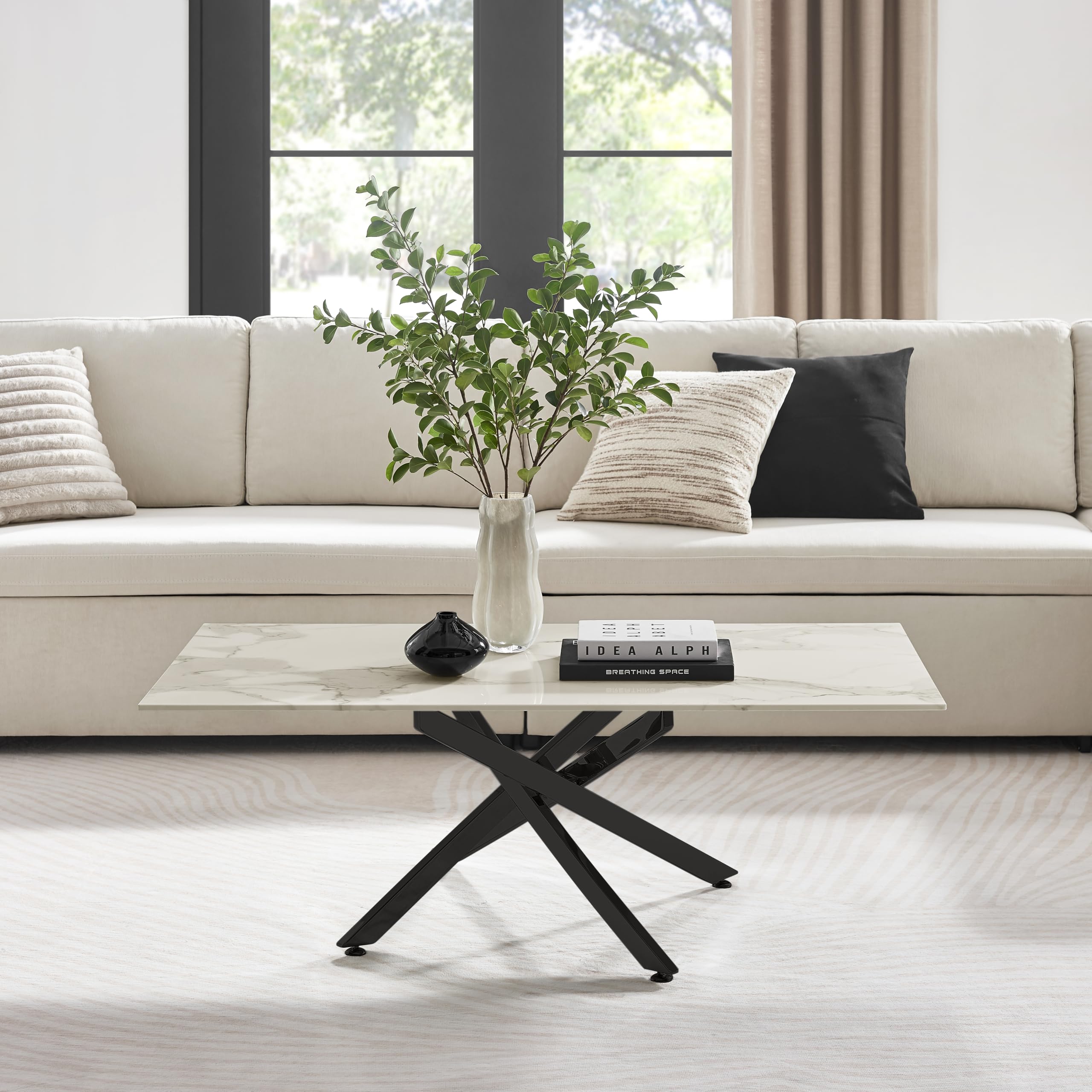 Furniturebox UK Leonardo Glass White Marble Effect Coffee Table - Semi Matte Black Metal Legs In Stylish Nested Starburst Design - Modern Living Room Furniture for Contemporary Homes