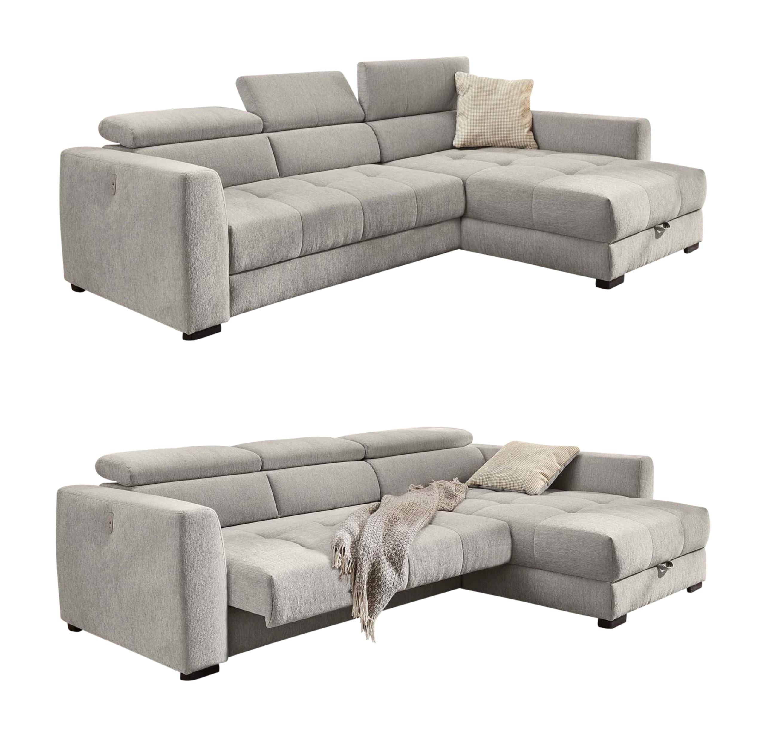 Ecksofa 300x196 cm – elektrisch verstellbare Sitztiefe, Kopflehnen verstellbar, USB-Ladefunktion, Bettkasten, spiegelverkehrt montierbar, Chenille Grau