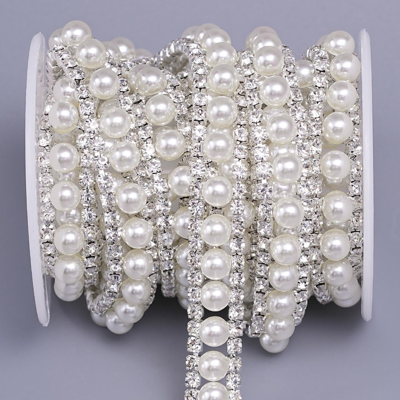 2 Yard 2 Rows Rhinestone Trim, Crystal Chain Inlaid White Pearl Beaded