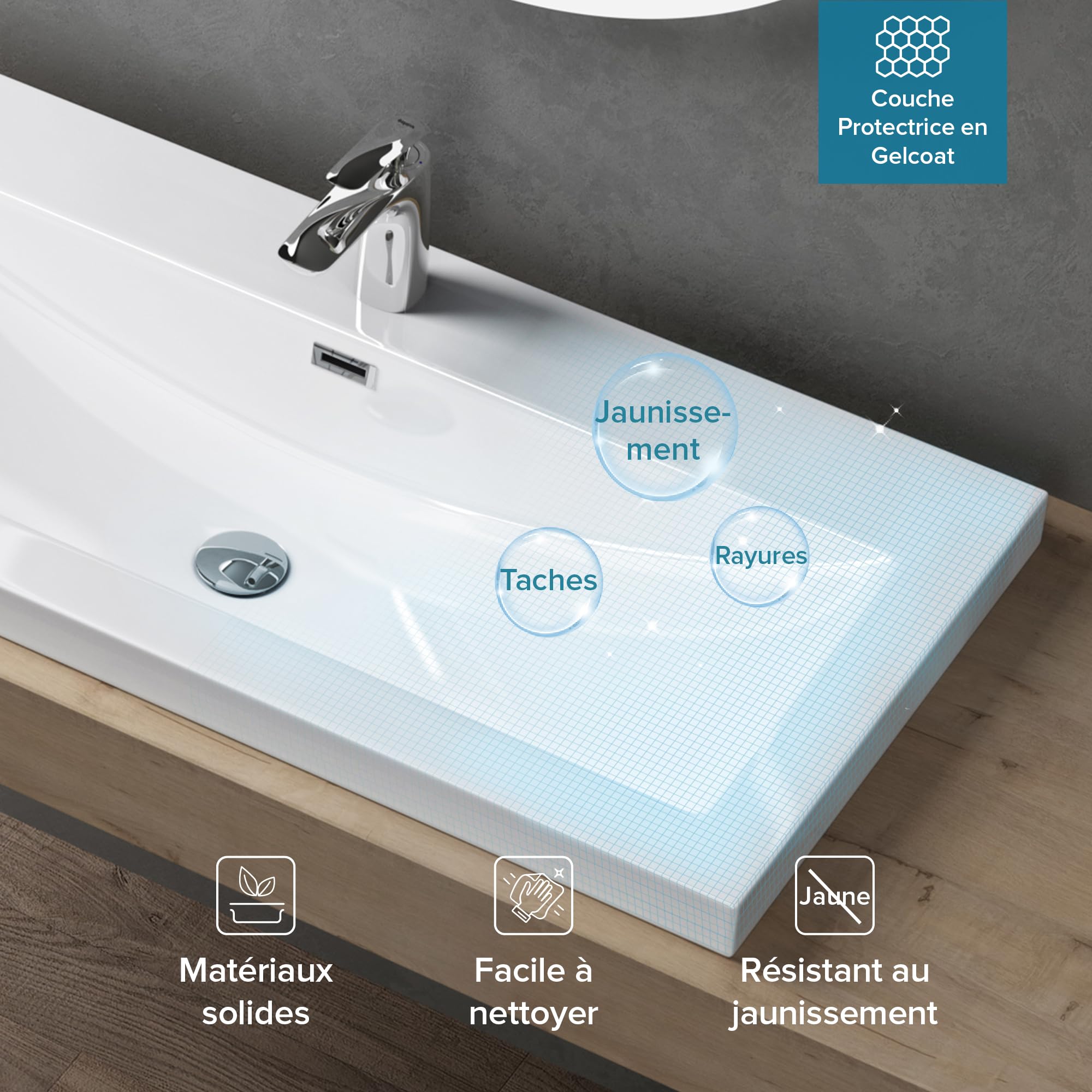 doporro Lavabo Vasque Blanc 100cm à Encastrer Colossum01 Fonte Minérale Solid Surface 100x48x13cm