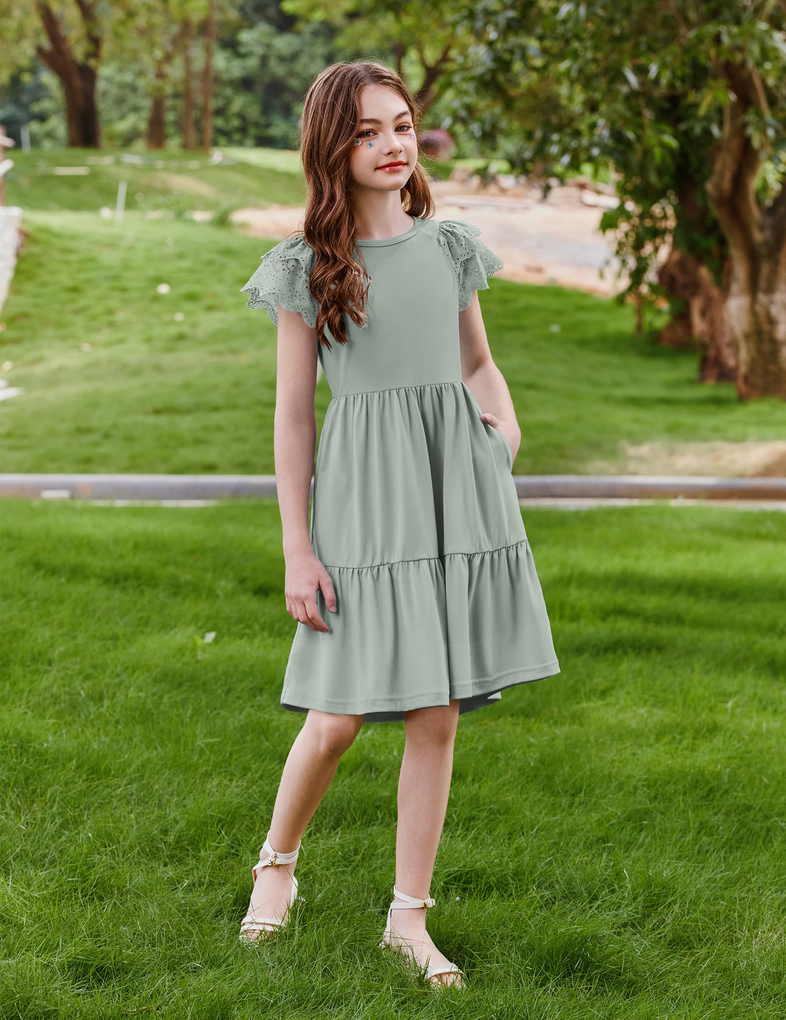 Arshiner Vestido de encaje para niñas, de manga corta, de verano, acampanado, cuello redondo, vestidos de fiesta para niños, vestido de fiesta casual, vestido de noche de color sólido con bolsillo, 6