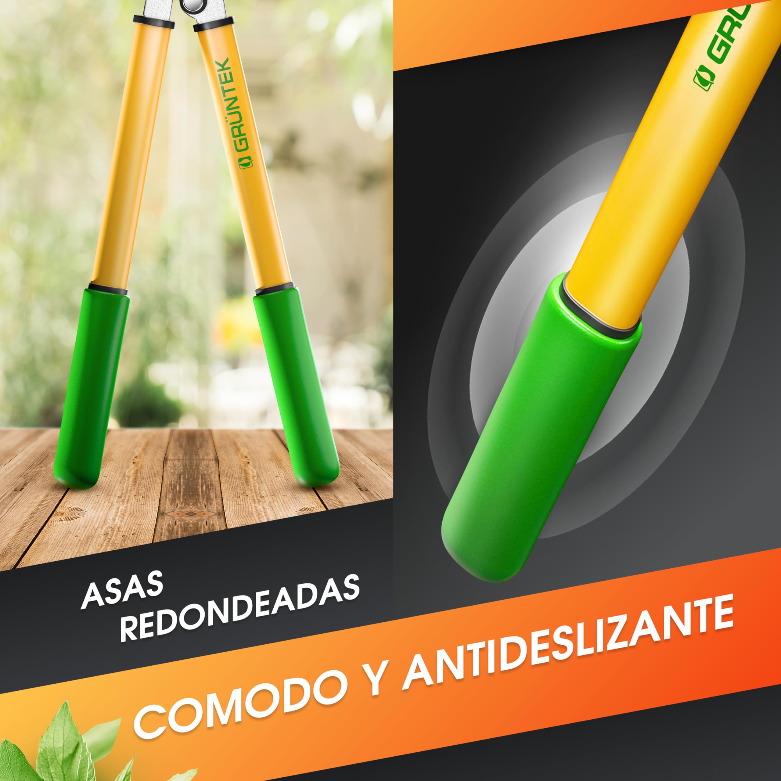 GRÜNTEK Tijeras de podar dos manos para jardineria GRIZZLY 47cm. Cortarramas con doble engranajes de corte