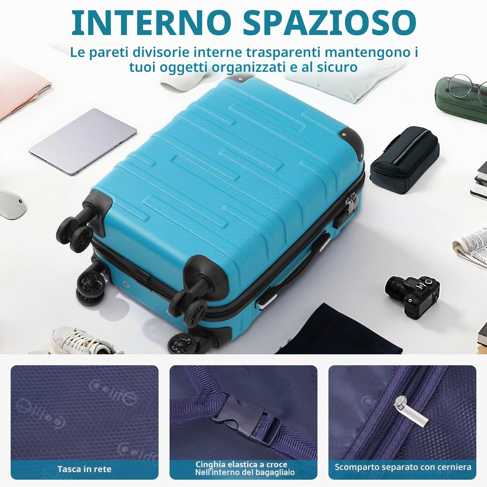 COOLIFE Set di 3 valigie, M+L+XL, guscio rigido in ABS, con lucchetto TSA | Ruote silenziose, maniglia telescopica, cerniere YKK, angoli antiurto, per viaggi in famiglia, periodi di studio all'estero