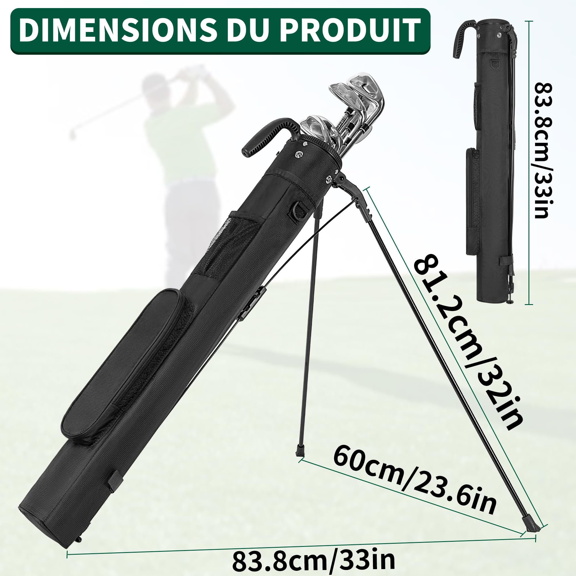 120CM Sac de Golf avec Support, Sac de Golf Léger et Portable à Pied avec 2 Poches, Bretelles Réglables pour Le Practice, Les Parcours par 3 et Les Parcours Exécutifs