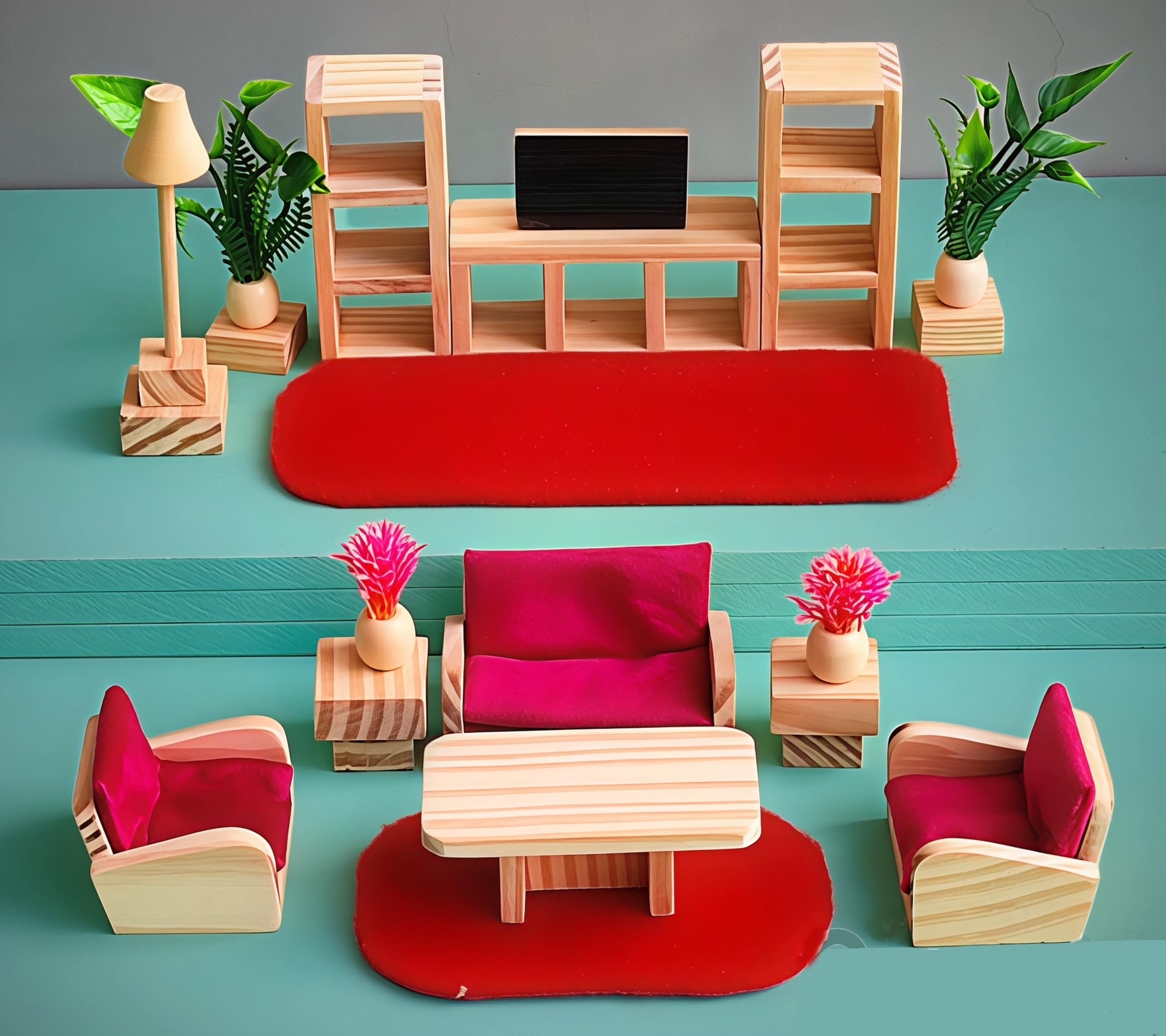 TinyMinyWorld Dollhouse Accessories Doll House Furniture Set (Wooden): Drawing Room - Kitchen - Bedroom - Toilet (Drawing Room Lounge) 1