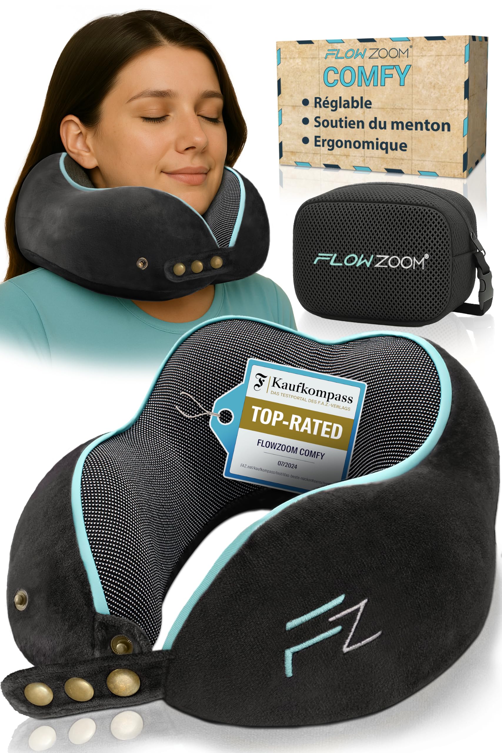 FLOWZOOM Comfy Oreiller de Voyage en Mousse à Mémoire de Forme pour Avion et Voiture – Coussin pour Avion Réglable, Soutien à 360°, Housse en Peluche Lavable et Pochette de Transport – Noir