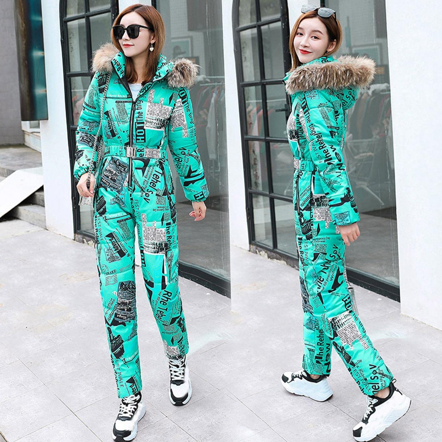 Traje de esquí de una pieza para mujer, mono de esquí largo con capucha y cremallera con capucha y capucha, cálido para invierno, para deportes al aire libre, traje de esquí o snowboard, mono, Verde