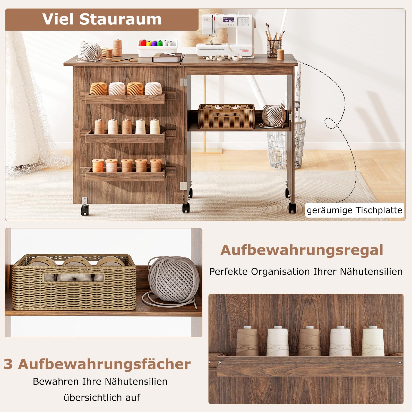 GIANTEX Nähtisch klappbar, Nähmaschinentisch auf Rollen, Nähtisch für Nähmaschine, Nähschrank Holz, Mehrzwecktisch für Wohnzimmer Arbeitszimmer Schlafzimmer (braun)