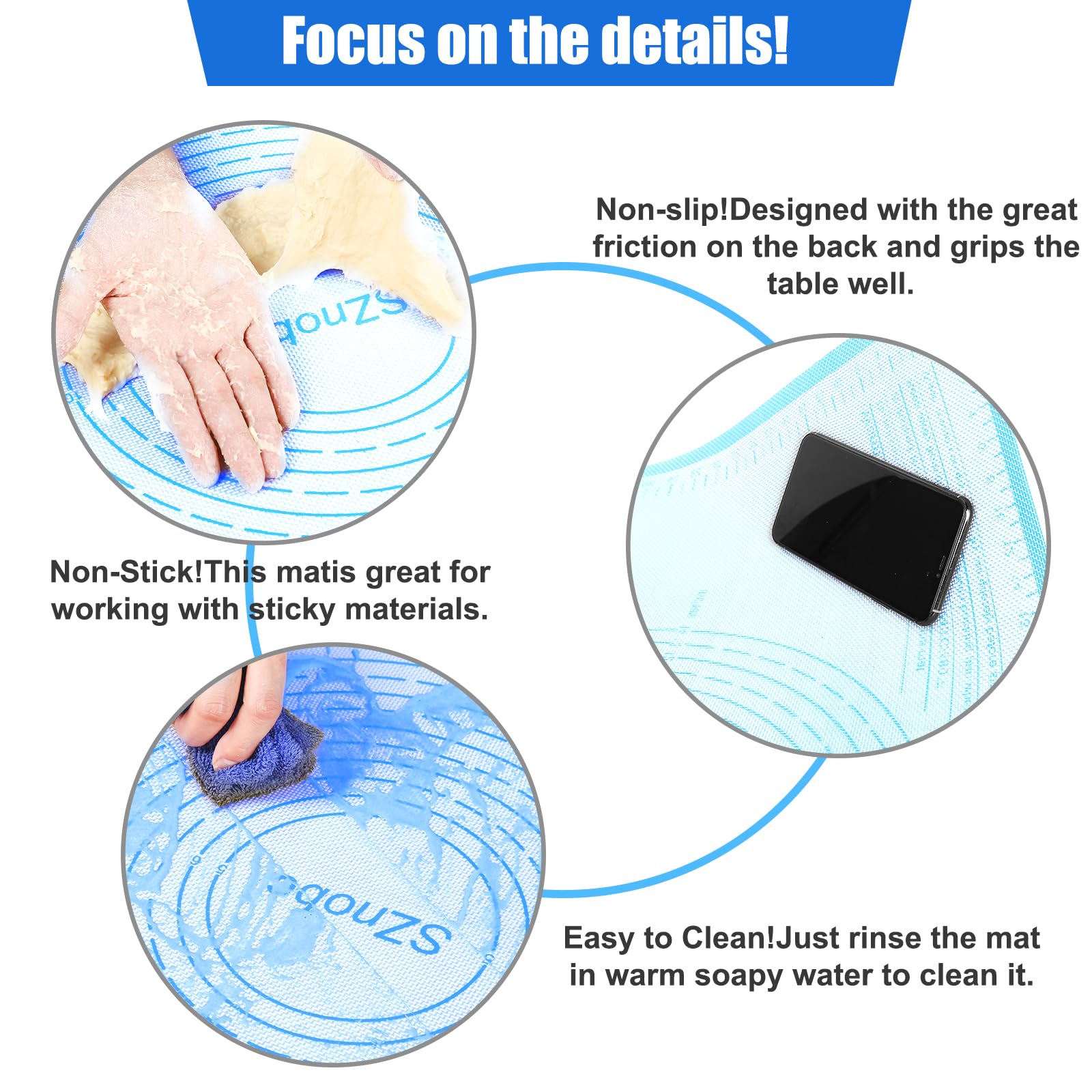 Tapis de pâtisserie extra large en silicone anti-adhésif avec mesure pour la cuisson, tapis de fondant, tapis de pétrissage, tapis à rouler pour pâte à tarte (bleu, 86,4 x 66 cm)