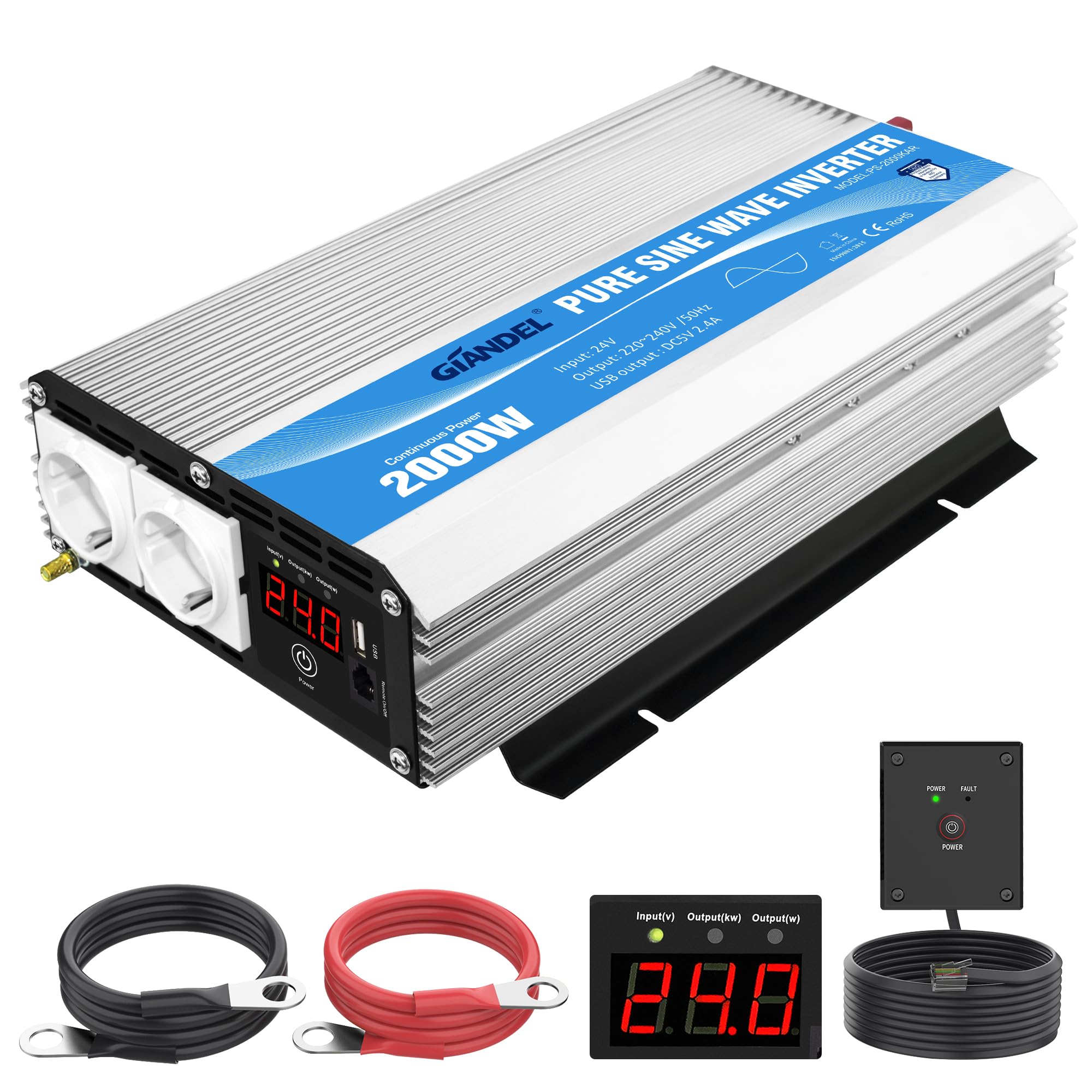 GIANDEL Wechselrichter 24V auf 230V Reiner Sinus 2000W Spannungswandler Für Wohnmobil, LKW Umwandler-Inverter mit LED-Anzeige, Fernbedienung, Zwei EU-Steckdosen & 2.4A USB